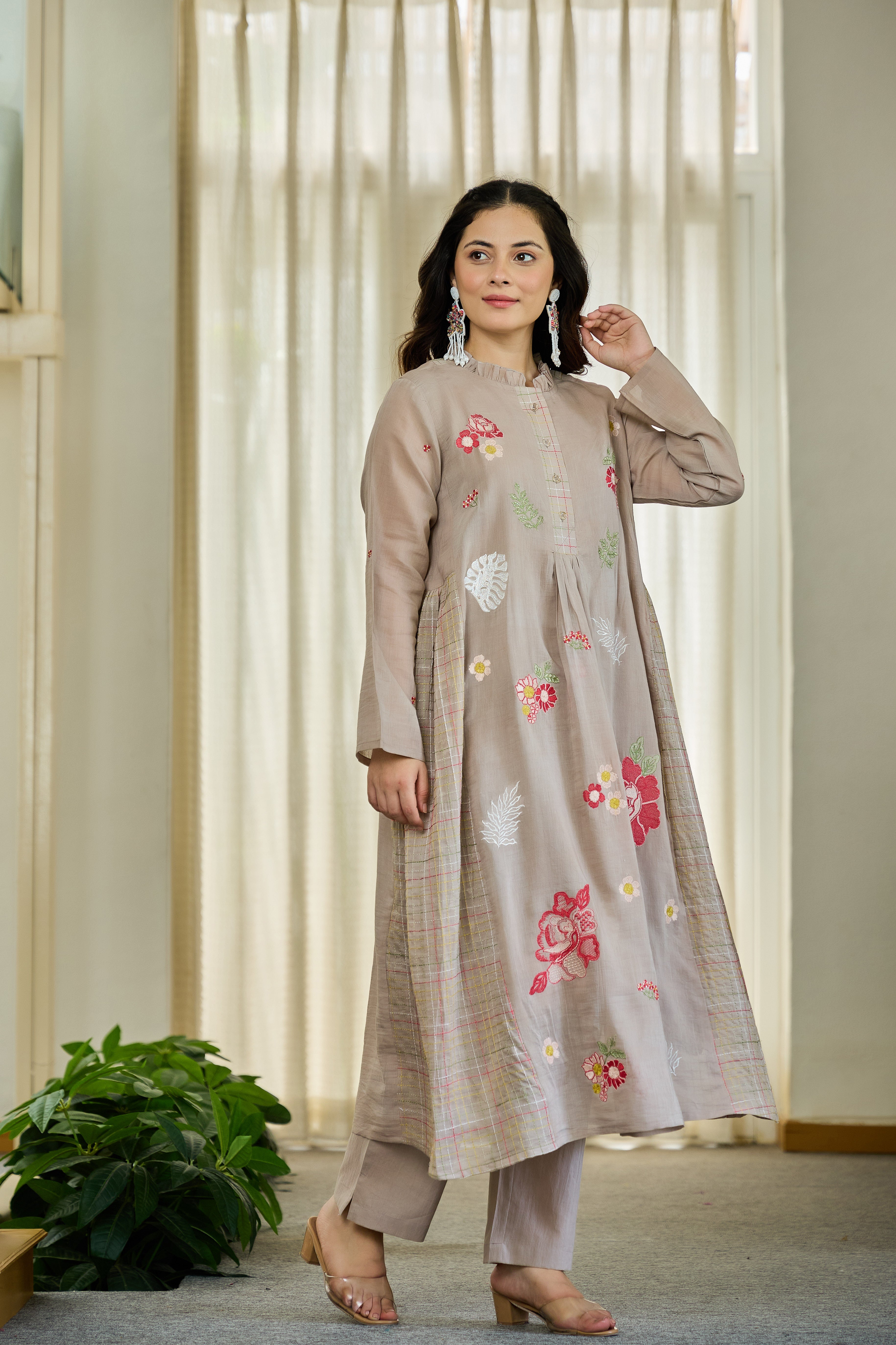 Taupe Floral Embroidered Cotton Kurta Set