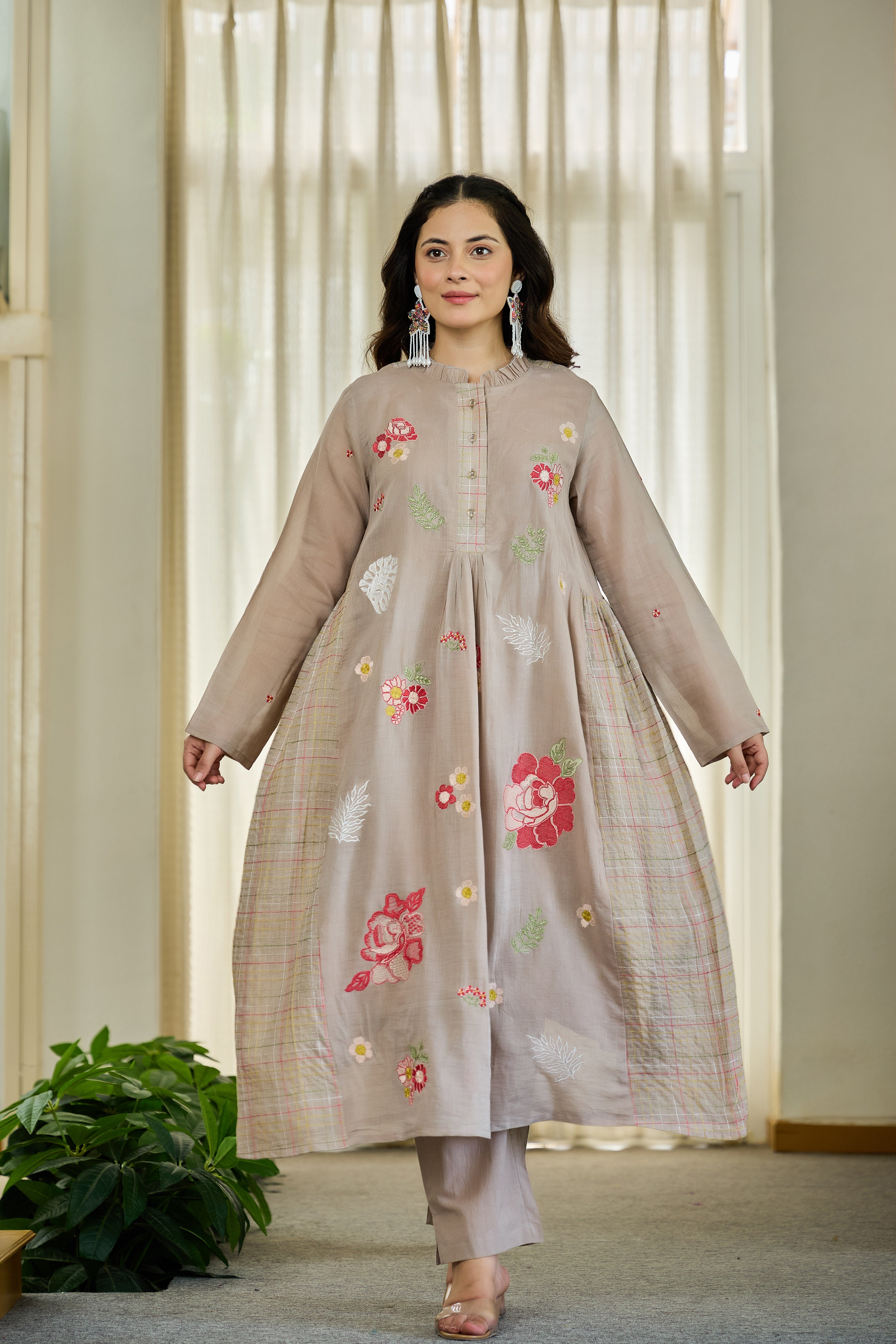 Taupe Floral Embroidered Cotton Kurta Set