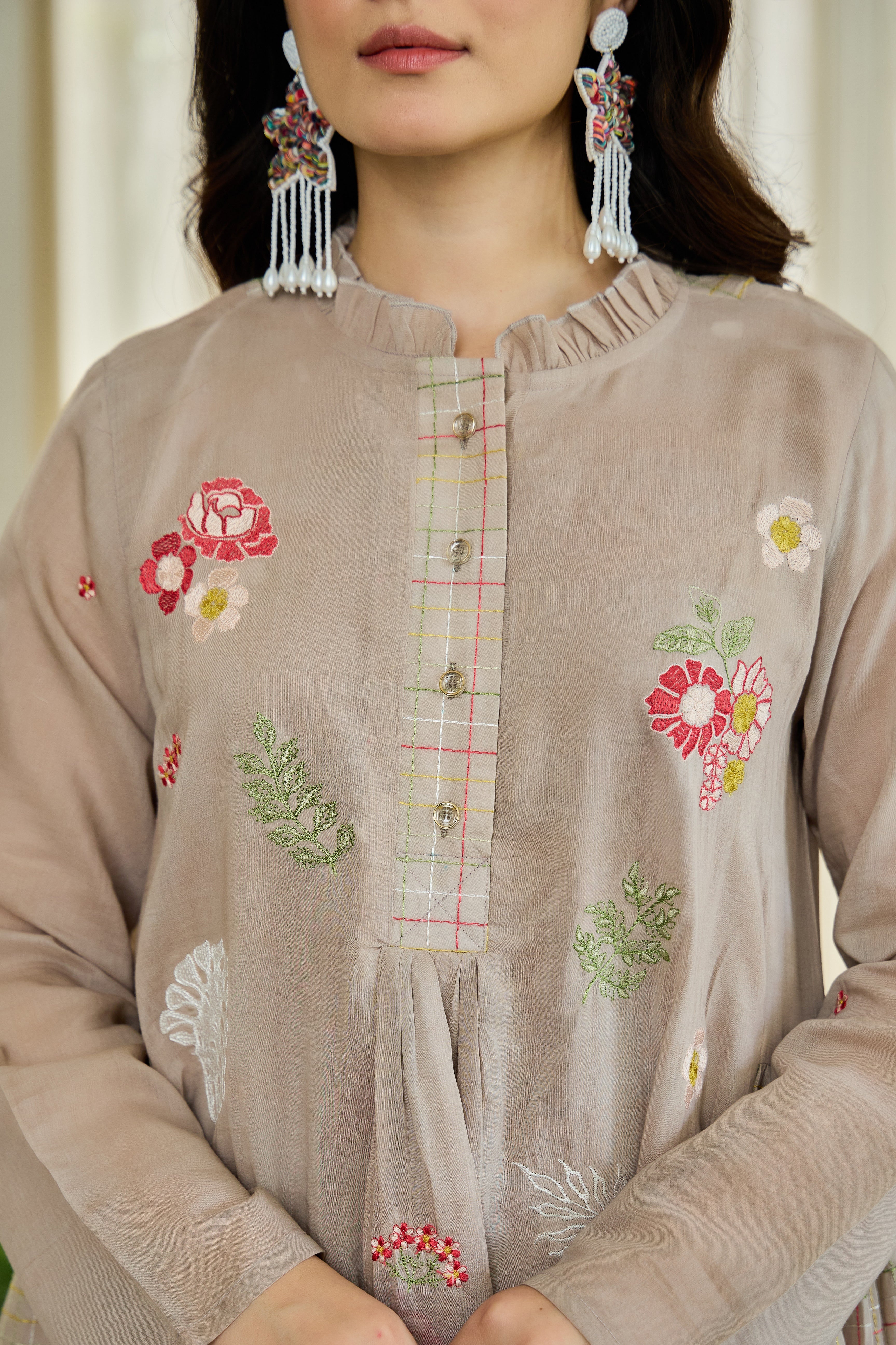 Taupe Floral Embroidered Cotton Kurta Set