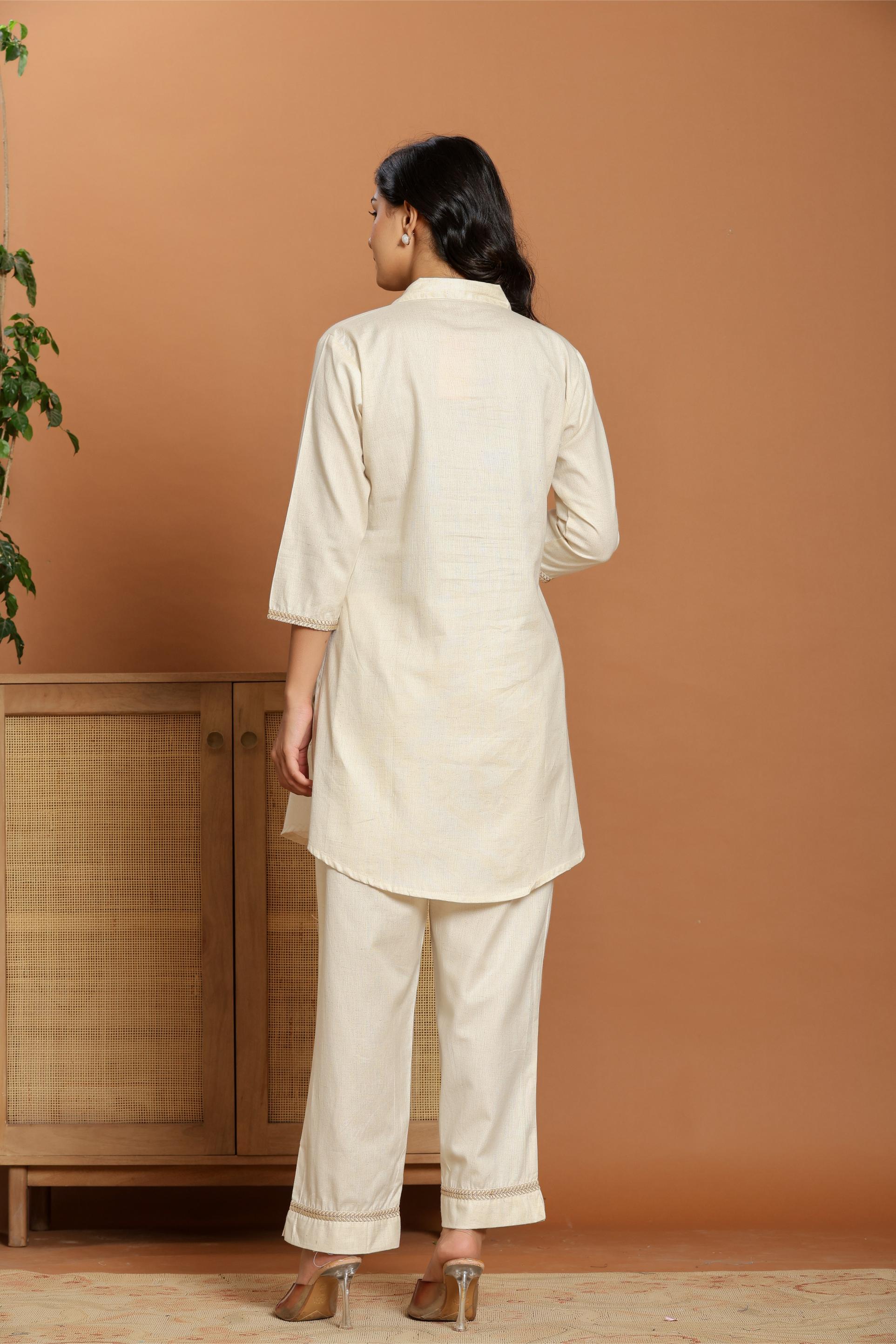 Off-White Embroidered Linen Co-Ord Set