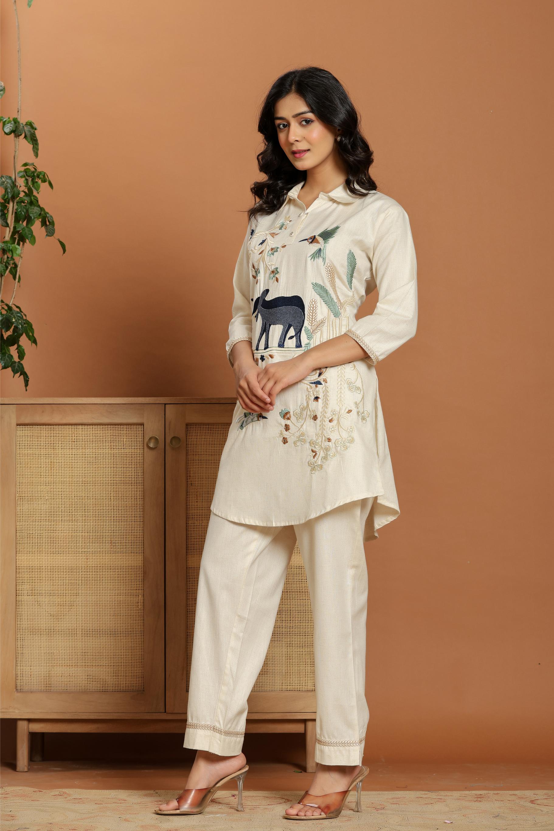 Off-White Embroidered Linen Co-Ord Set