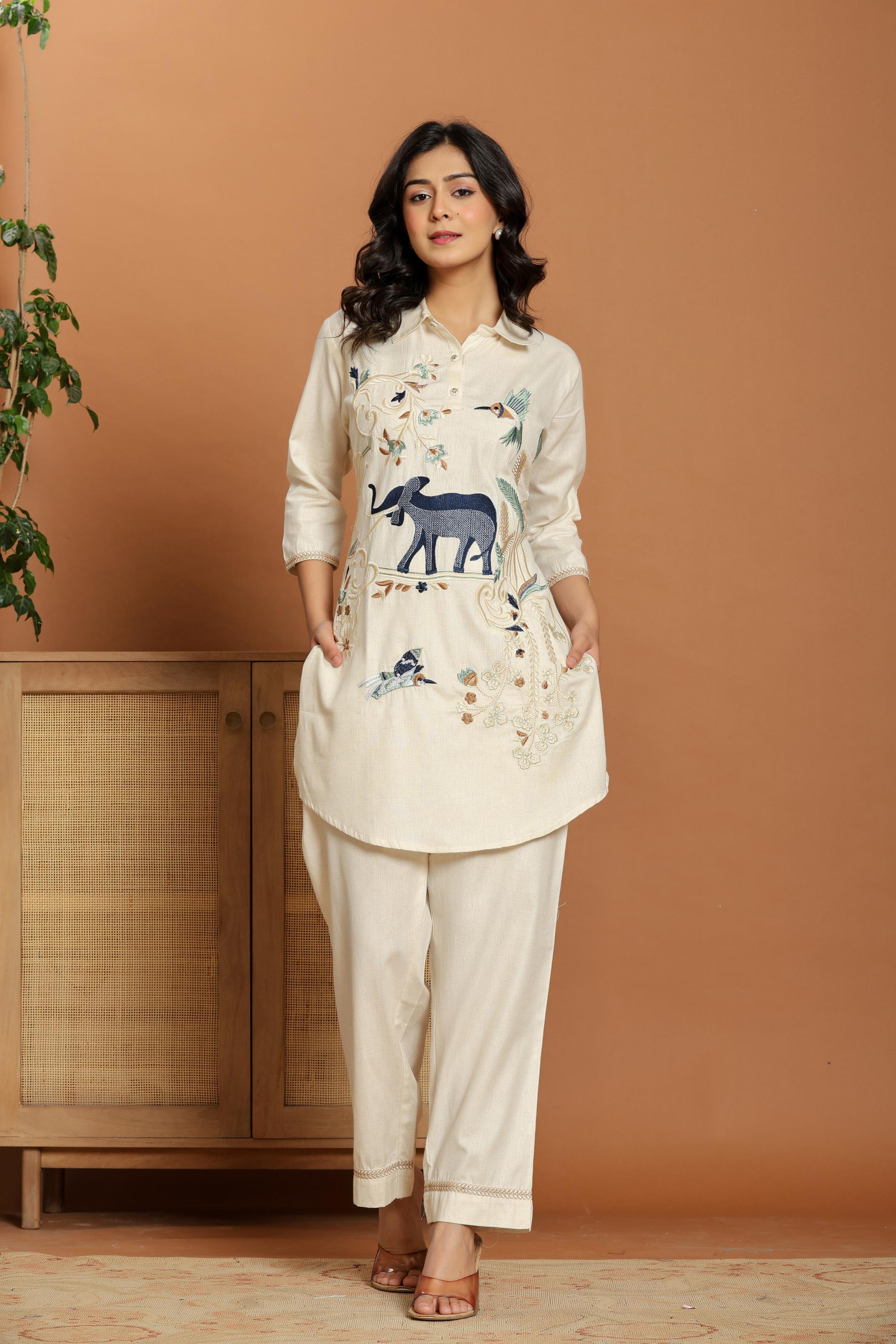 Off-White Embroidered Linen Co-Ord Set