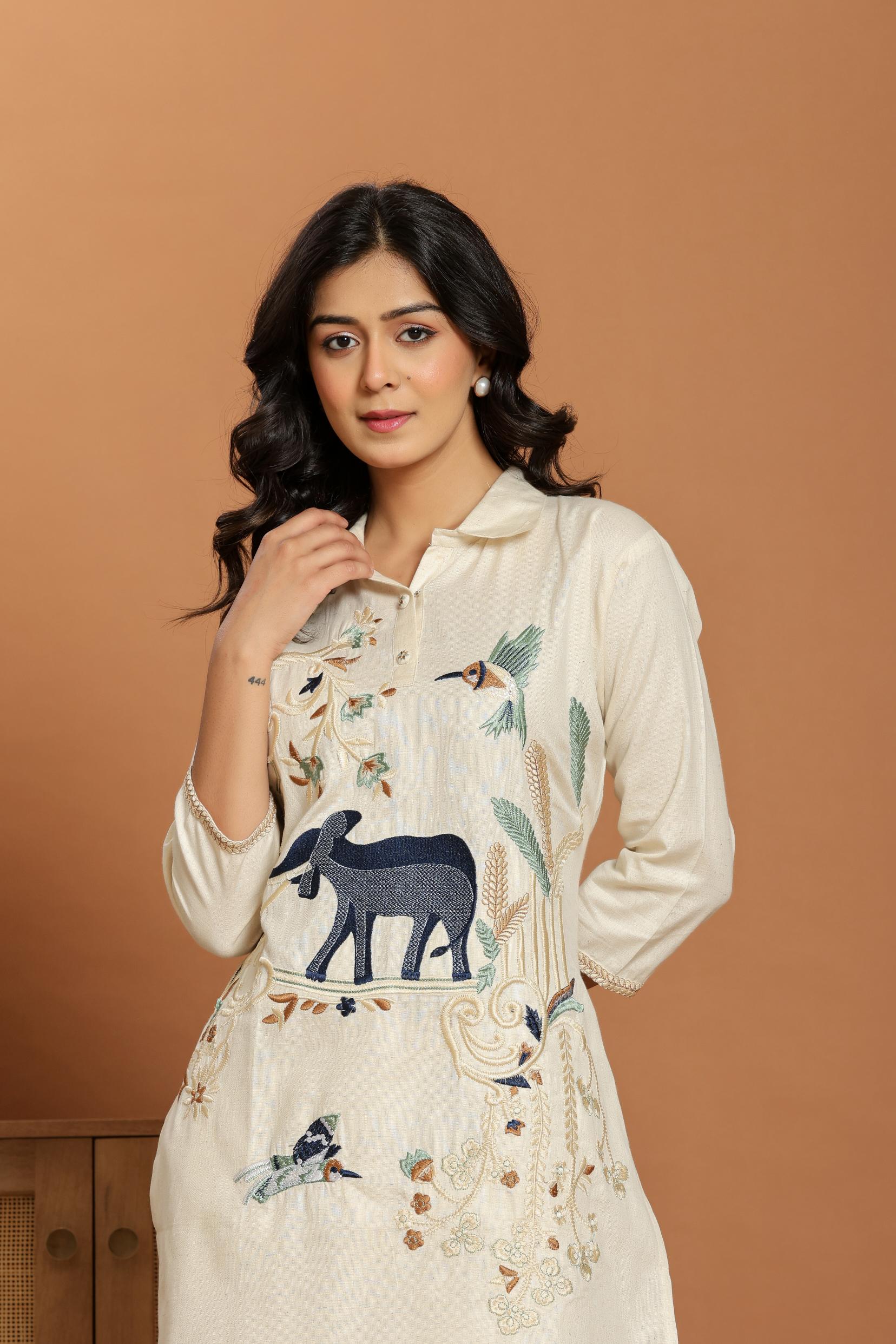 Off-White Embroidered Linen Co-Ord Set