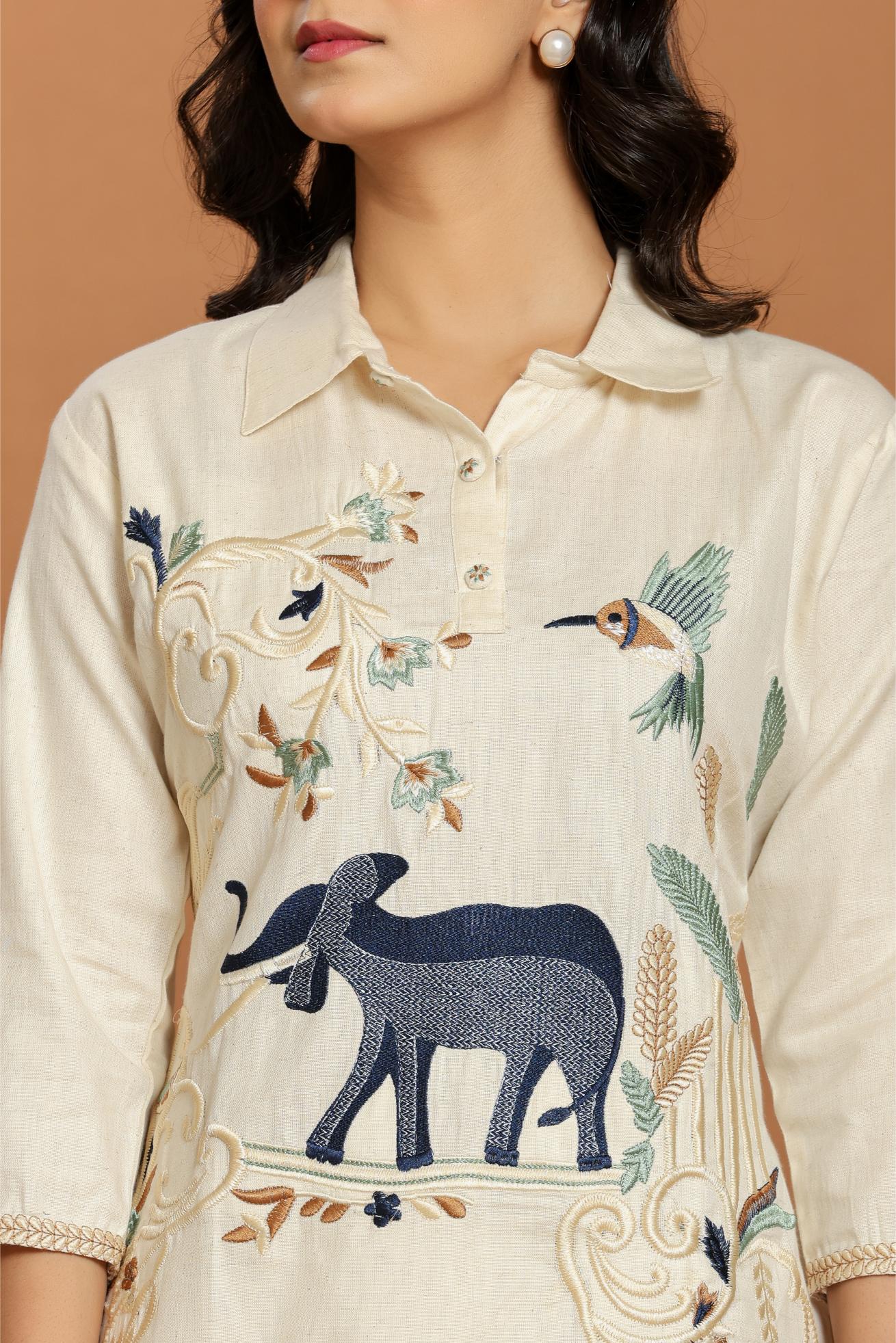 Off-White Embroidered Linen Co-Ord Set