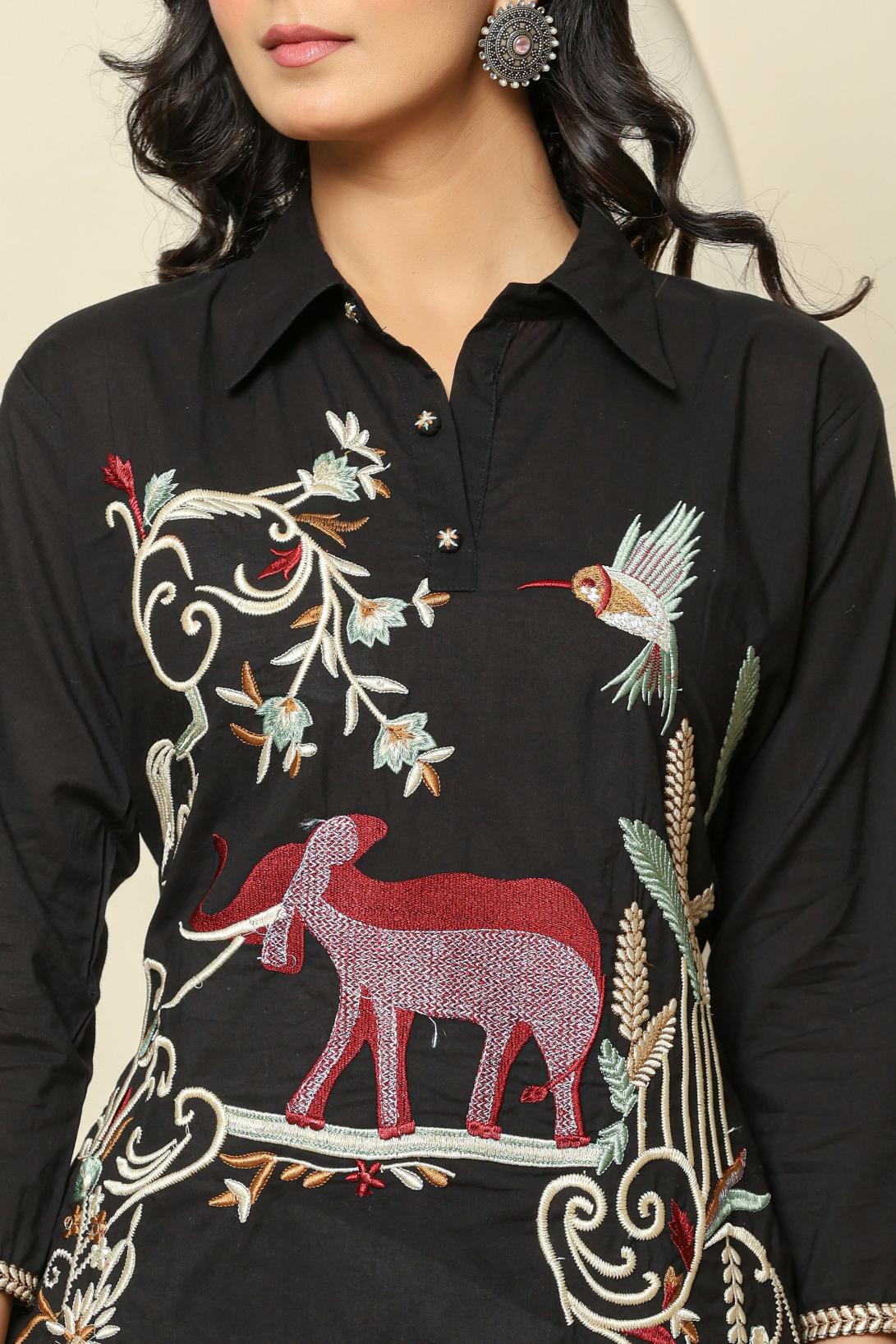 Black Embroidered Linen Co-Ord Set