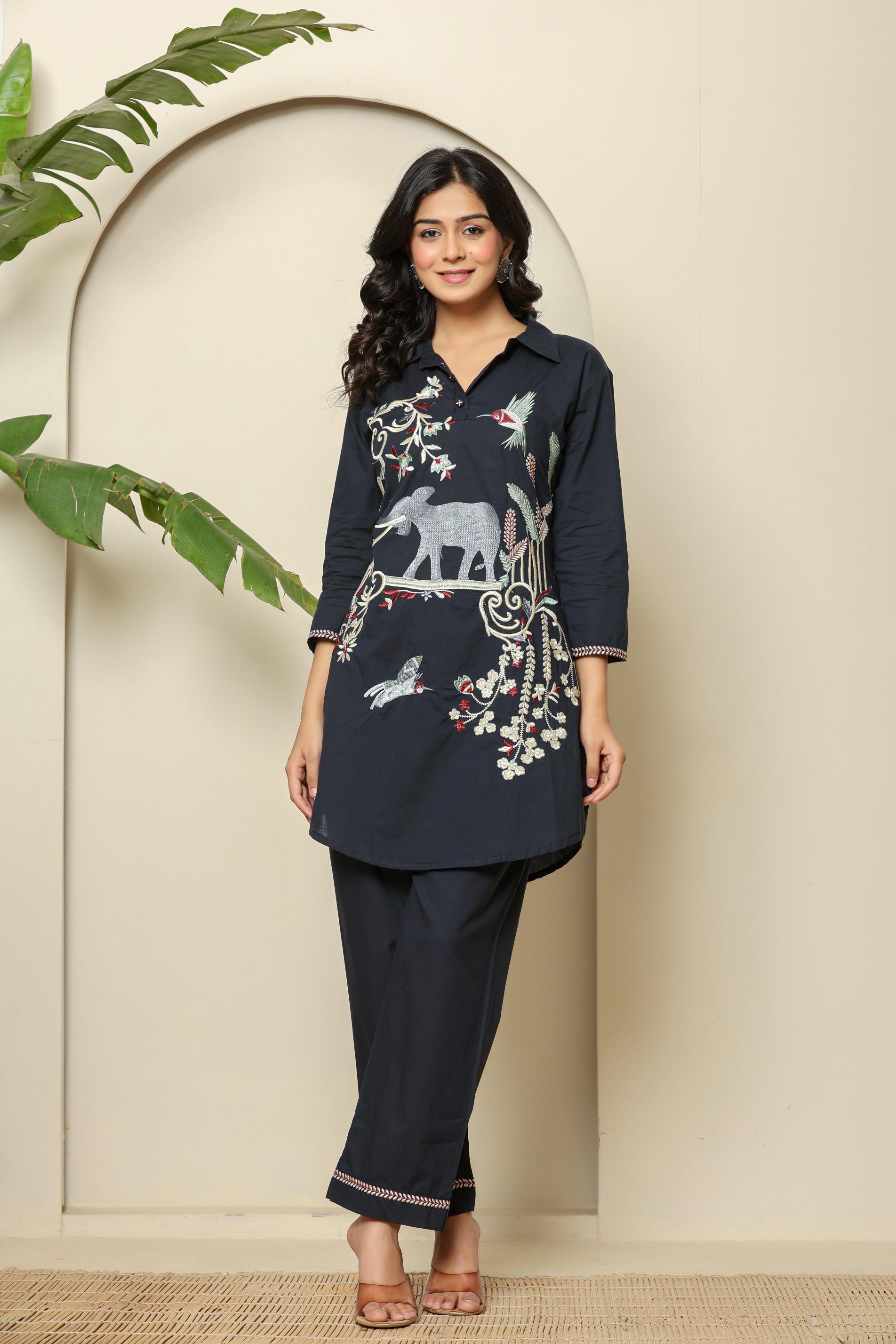 Blue Embroidered Linen Co-Ord Set