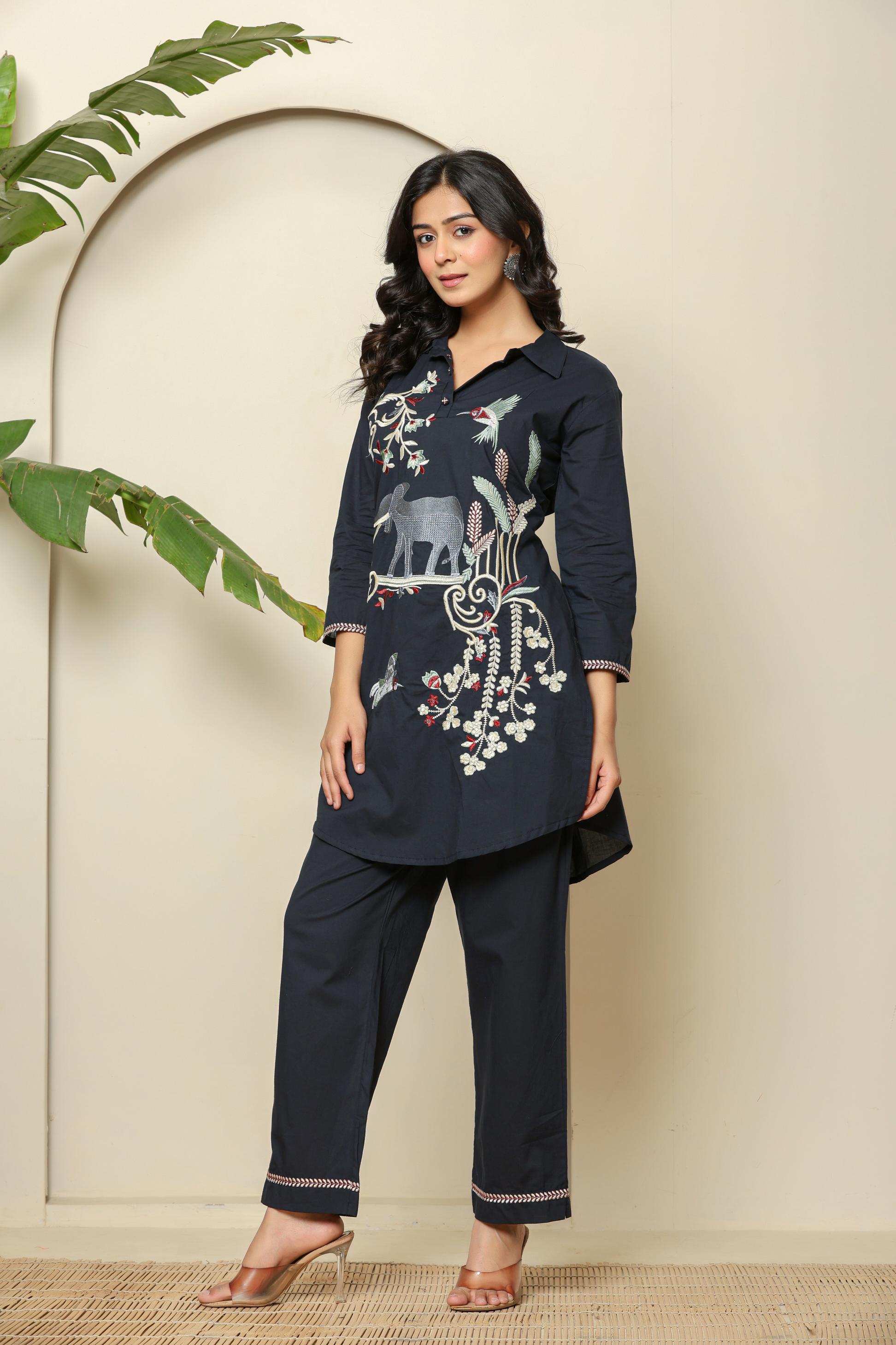 Blue Embroidered Linen Co-Ord Set