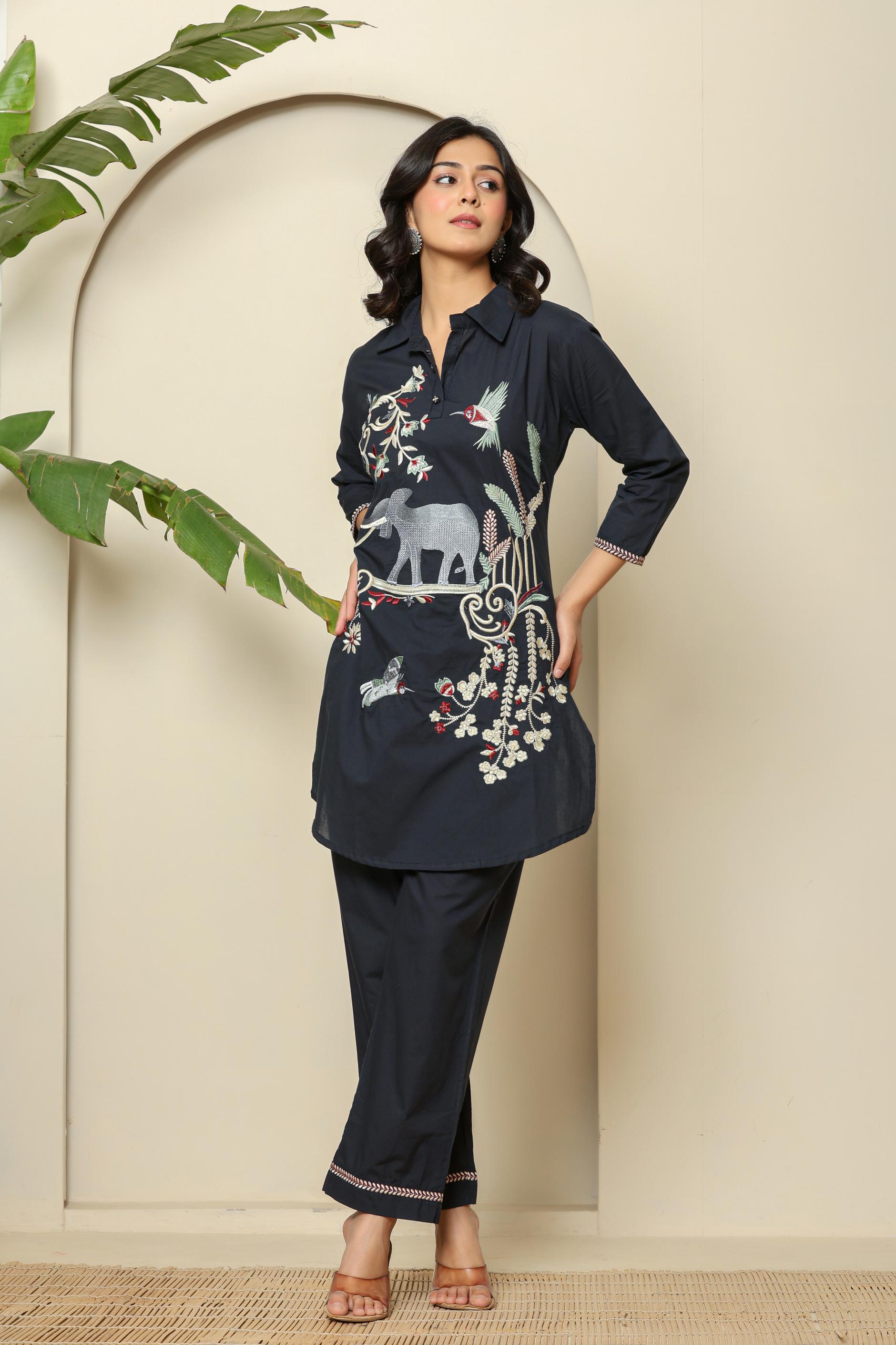 Blue Embroidered Linen Co-Ord Set