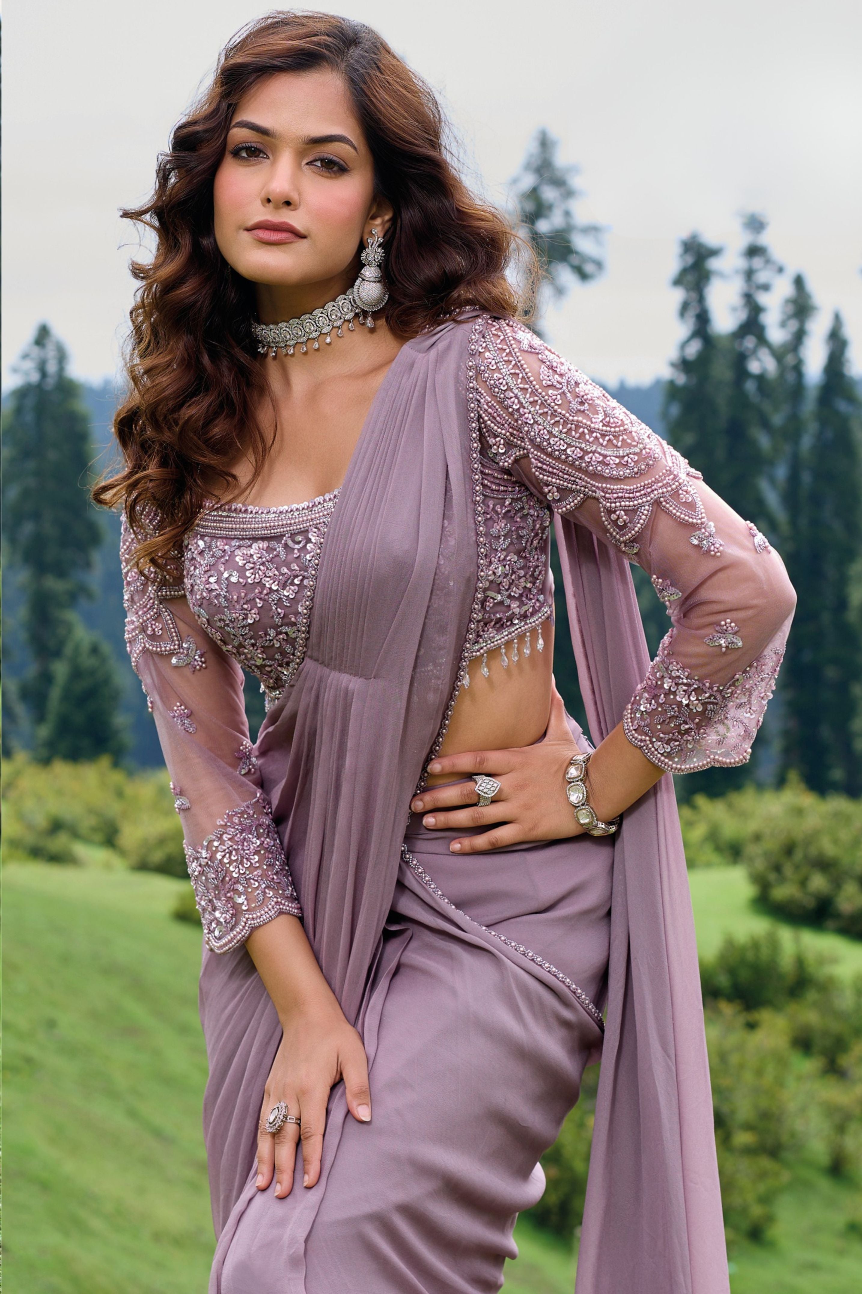 Dusty Lilac Embellished Georgette Silk Draped Saree