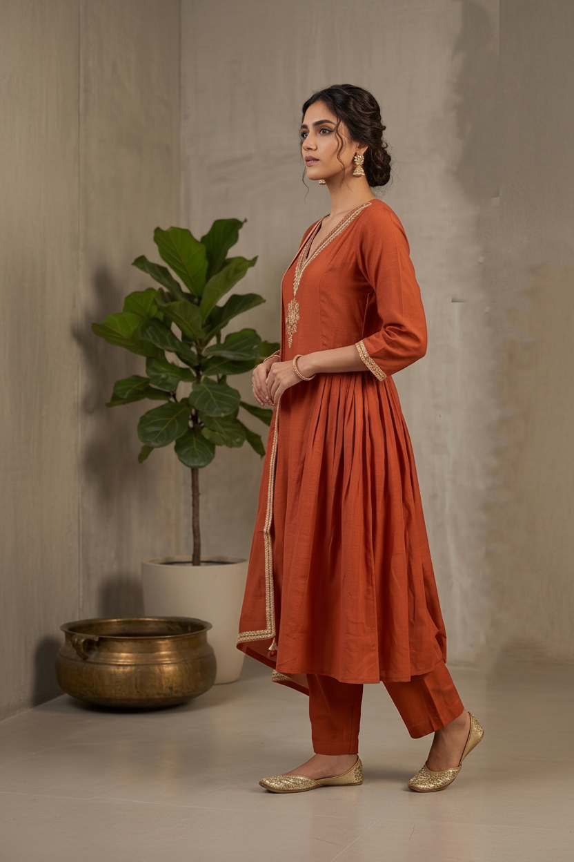 Rust Orange Mul Chanderi Silk Suit Set
