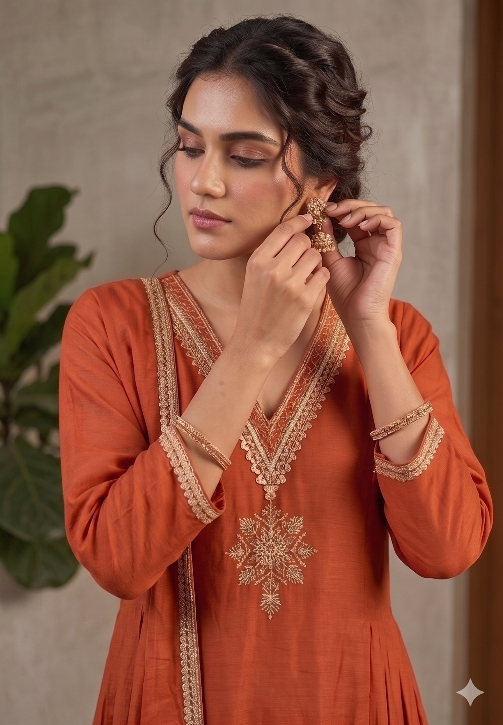 Rust Orange Mul Chanderi Silk Suit Set