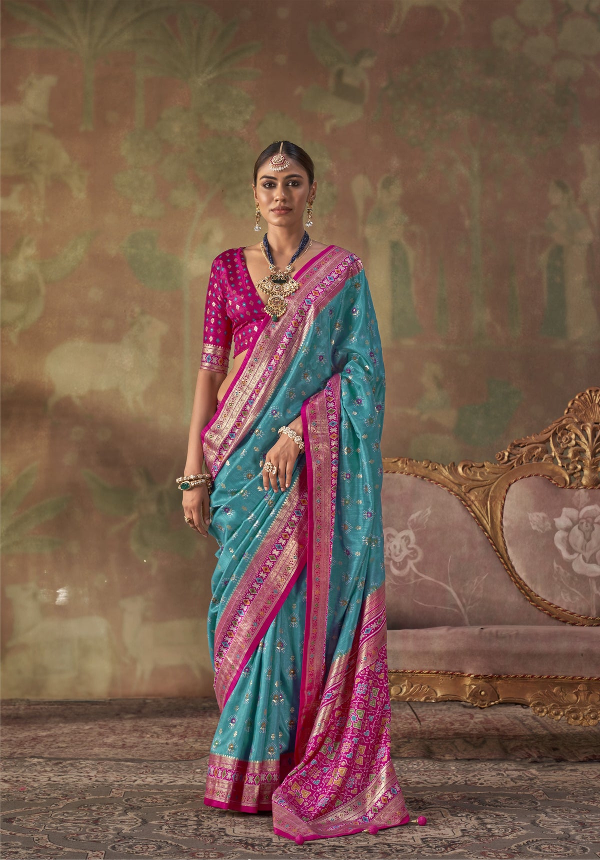 Turquoise Blue Printed Premium Silk Saree