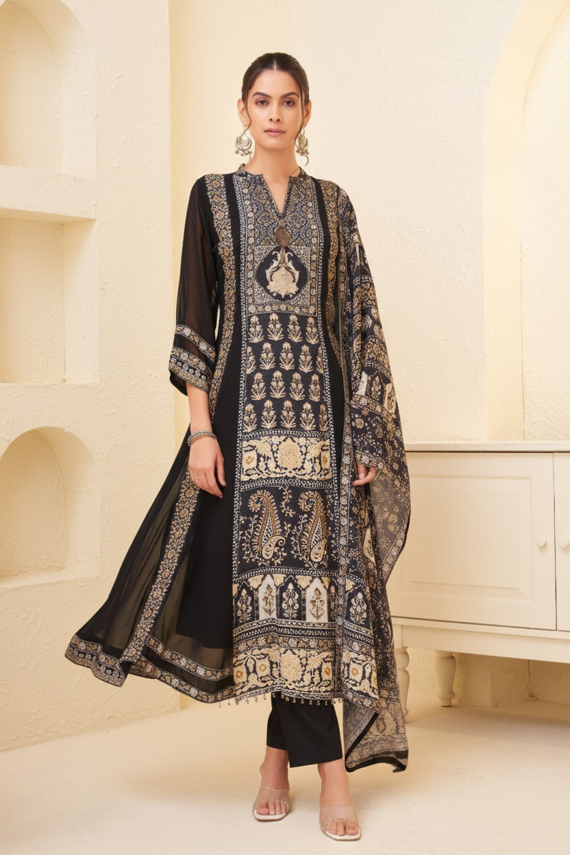 Onyx Black Embellished Georgette Silk Anarkali Set
