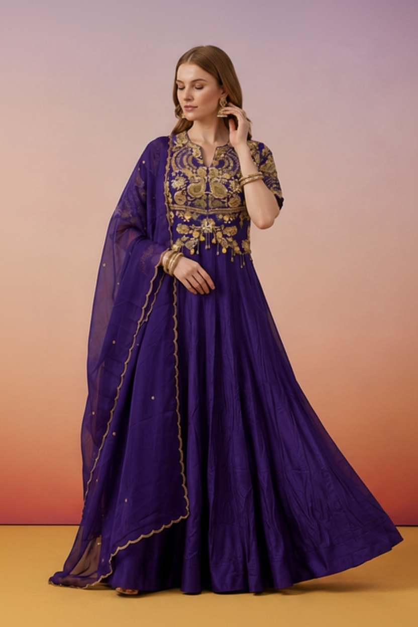 Purple Midnight Embellished Crepe Silk Anarkali Set