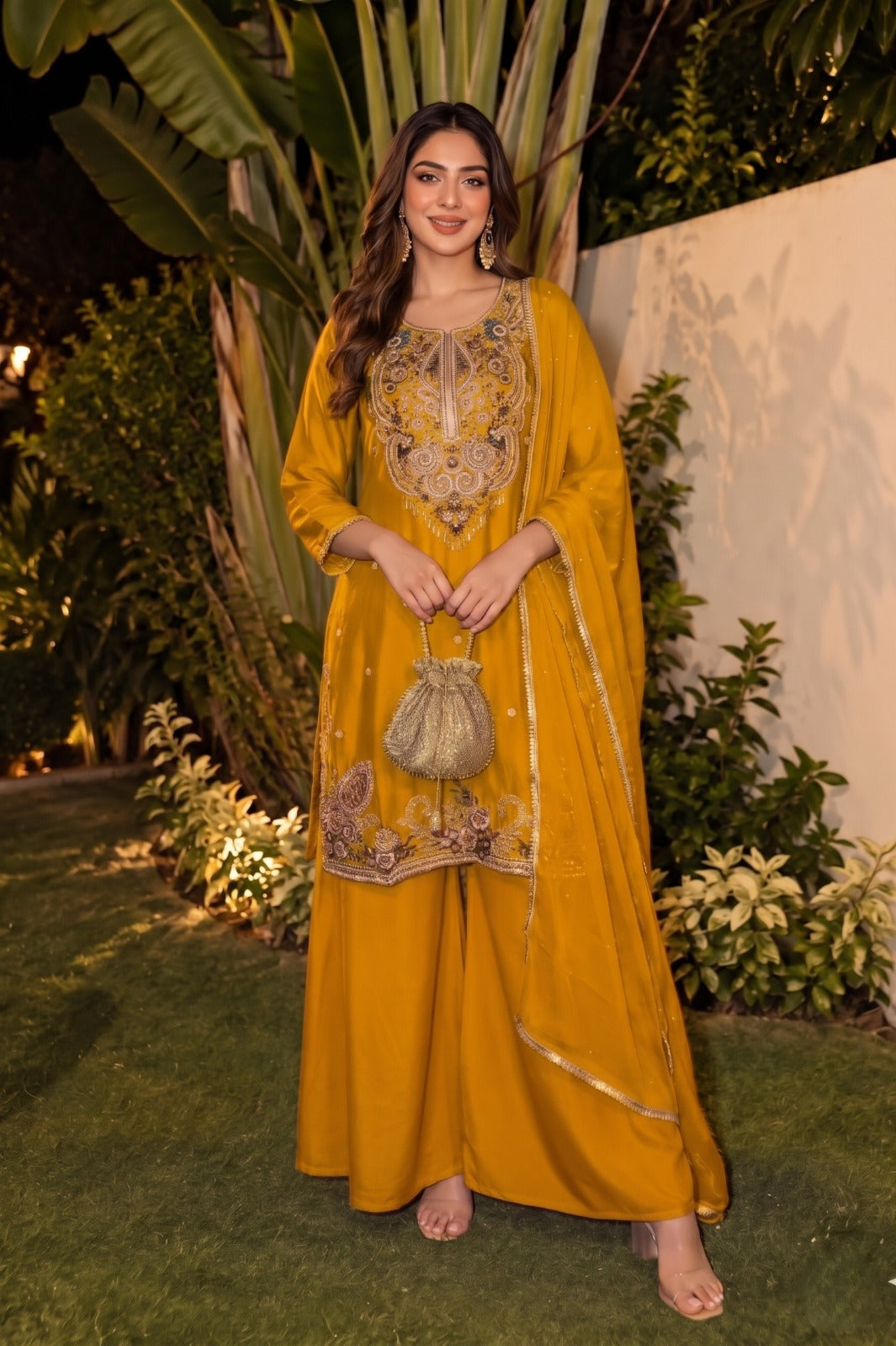 Yellow Sunflower Embellished Chinon Silk Palazzo Set