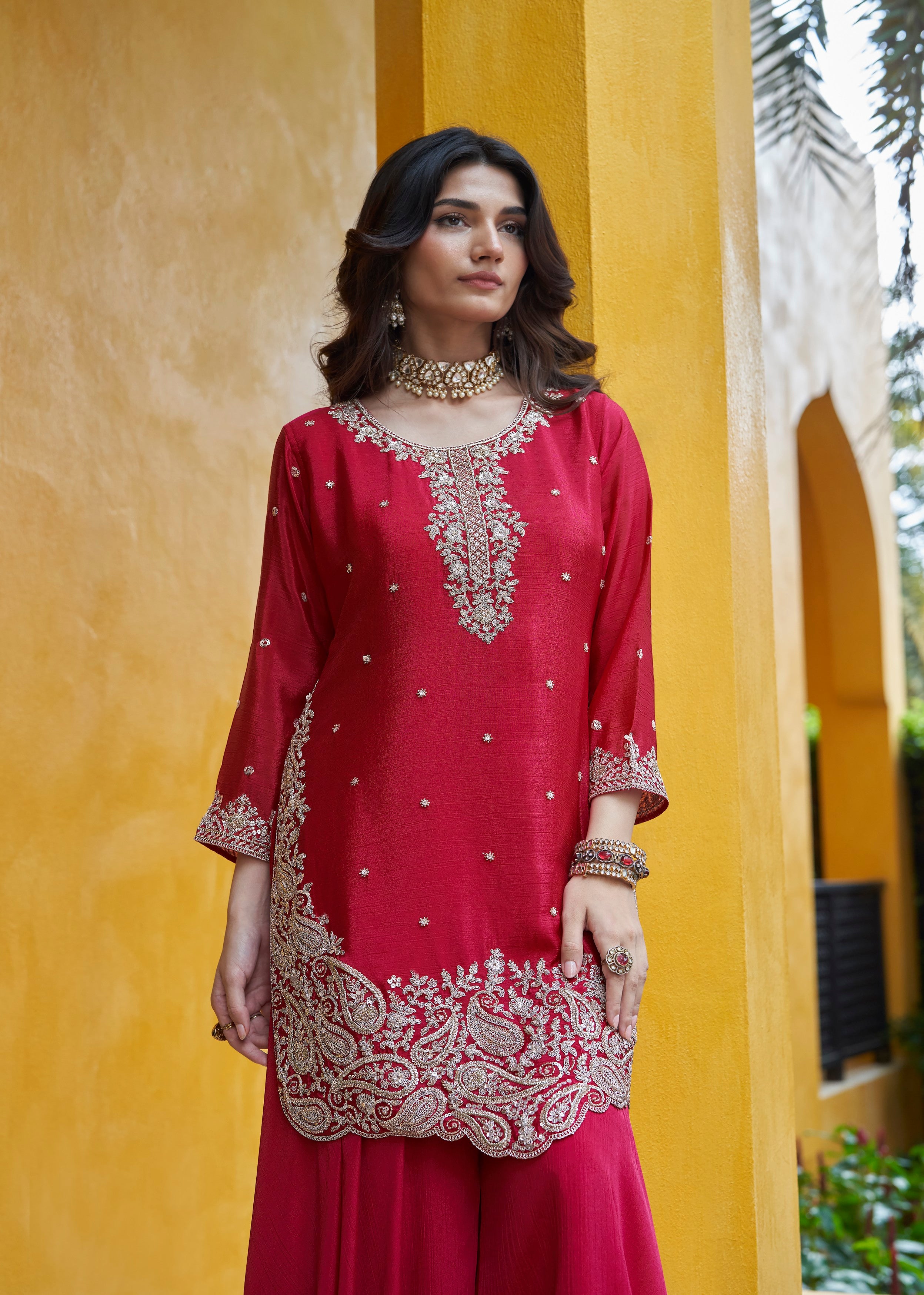 Crimson Pink Embellished Georgette Silk Skirt Set