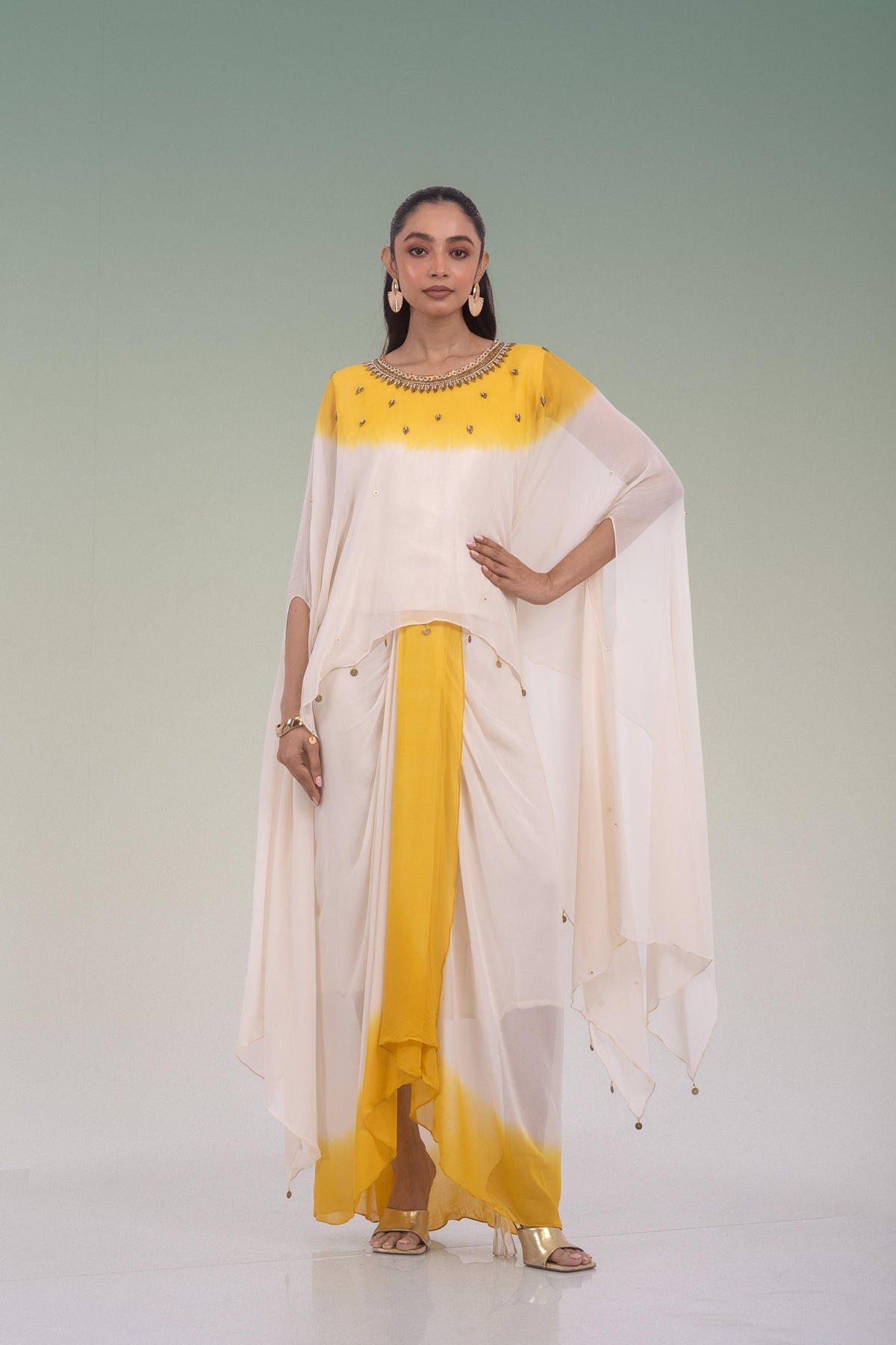 Ivory & Mustard Yellow Georgette Silk Skirt Set