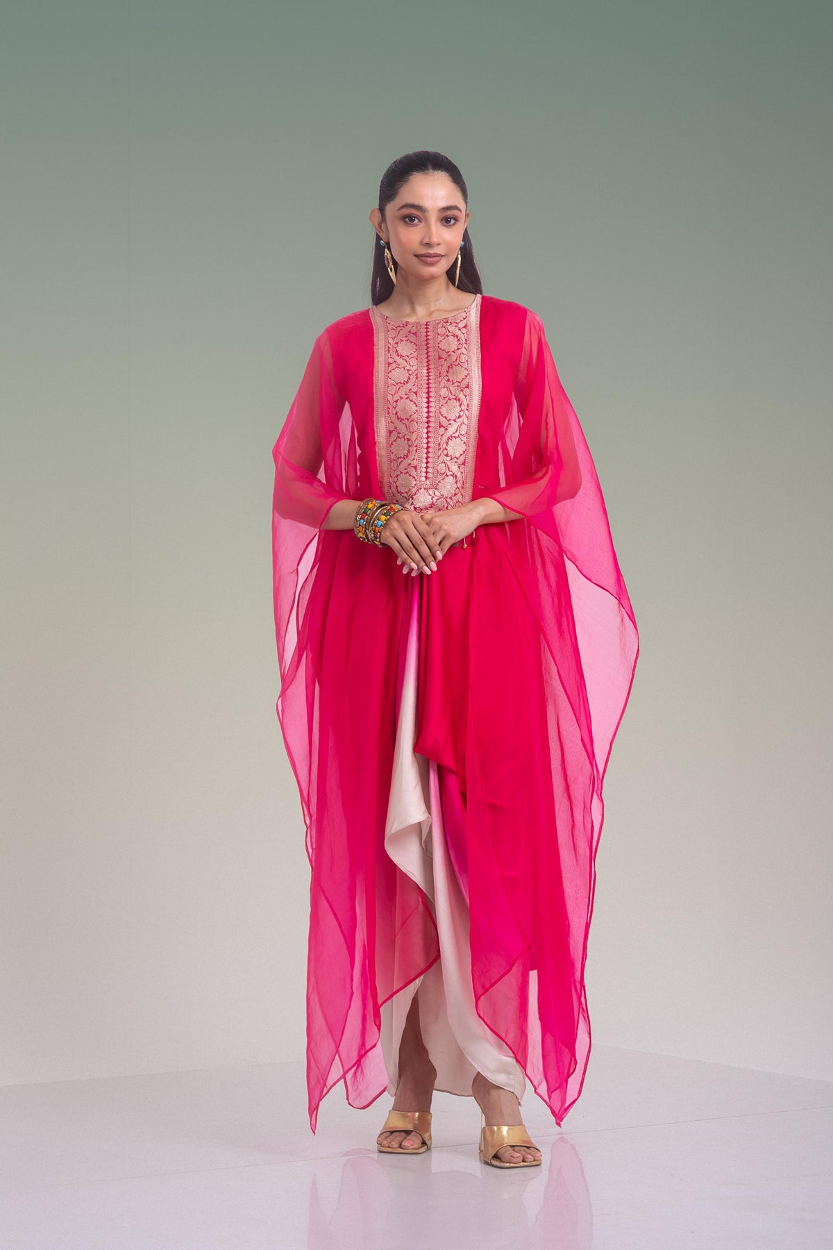 Rani Beige Ombre Embroidered Organza Silk Skirt Set