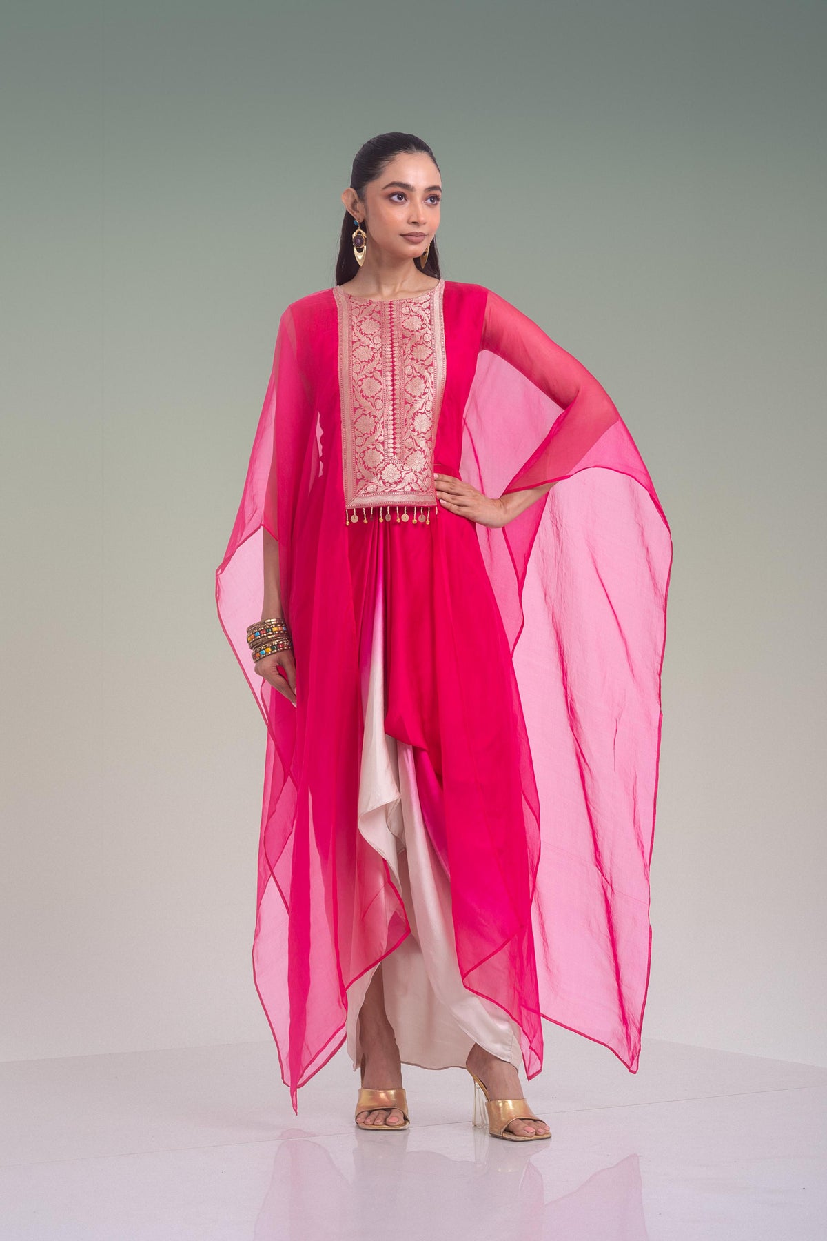 Rani Beige Ombre Embroidered Organza Silk Skirt Set