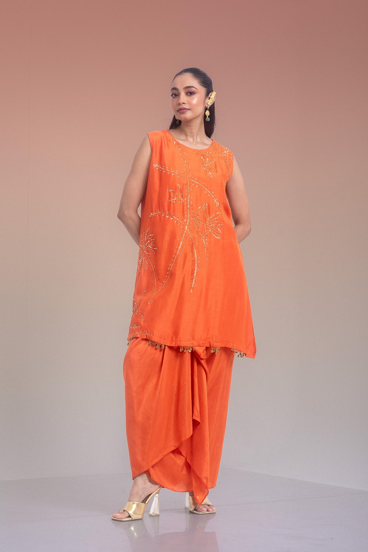 Sunset Orange Embellished Raw Silk Skirt Set
