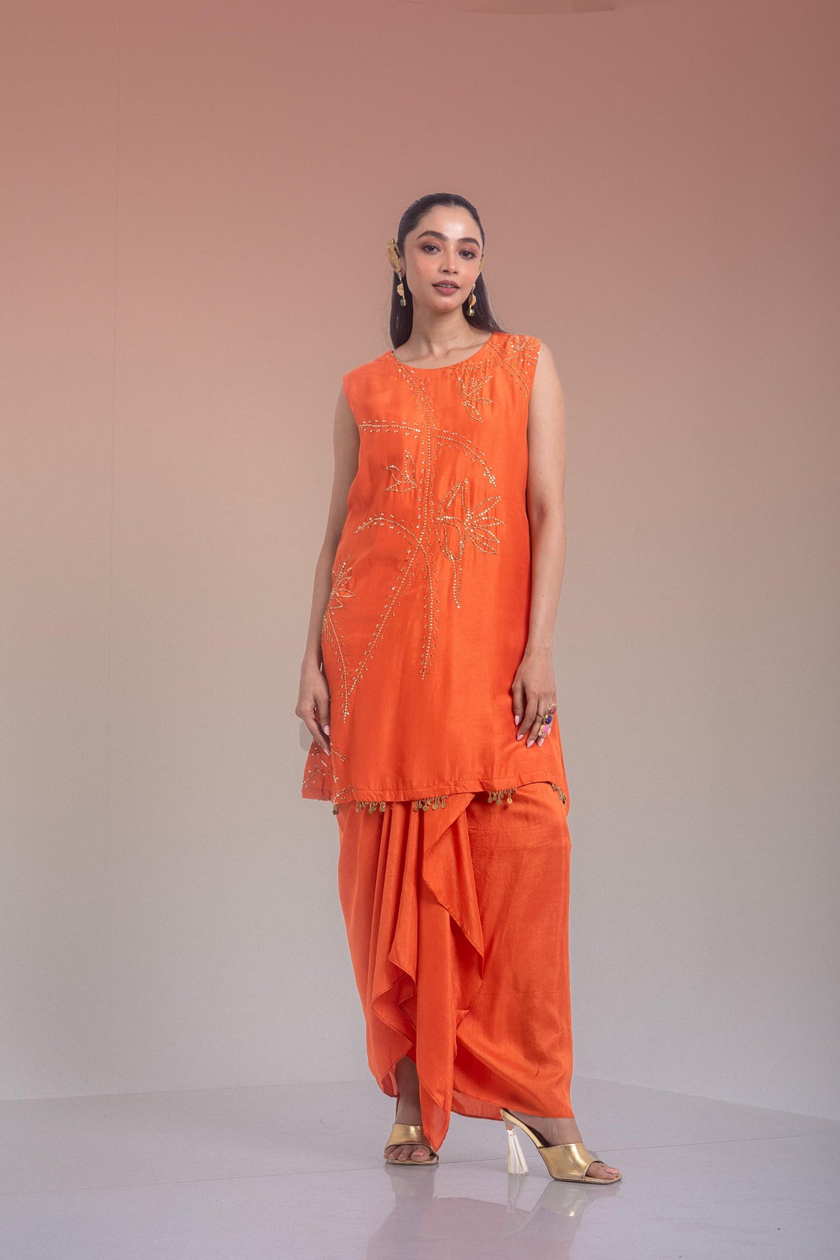 Sunset Orange Embellished Raw Silk Skirt Set