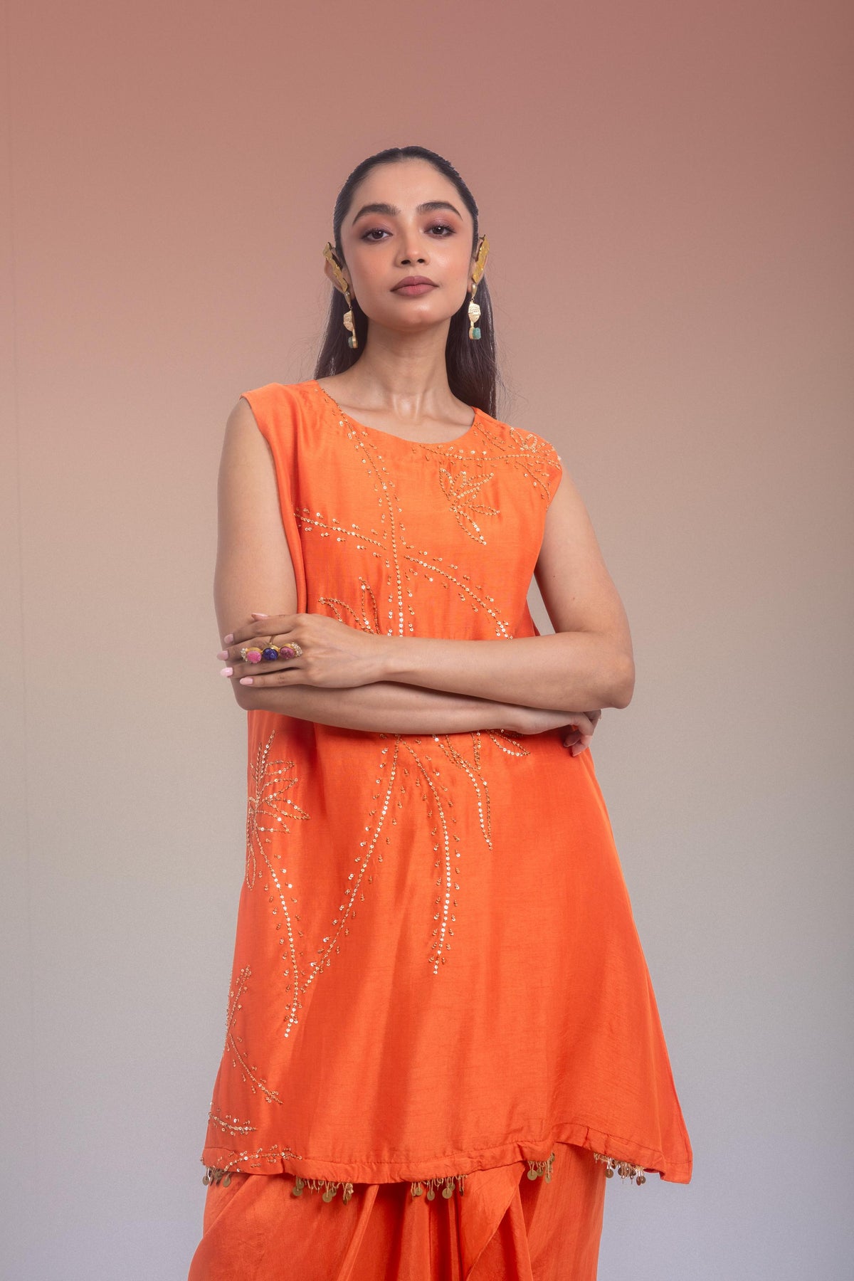 Sunset Orange Embellished Raw Silk Skirt Set
