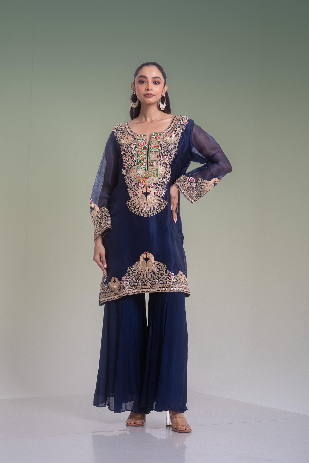 Deep Midnight Blue Embellished Organza Silk Palazzo Set