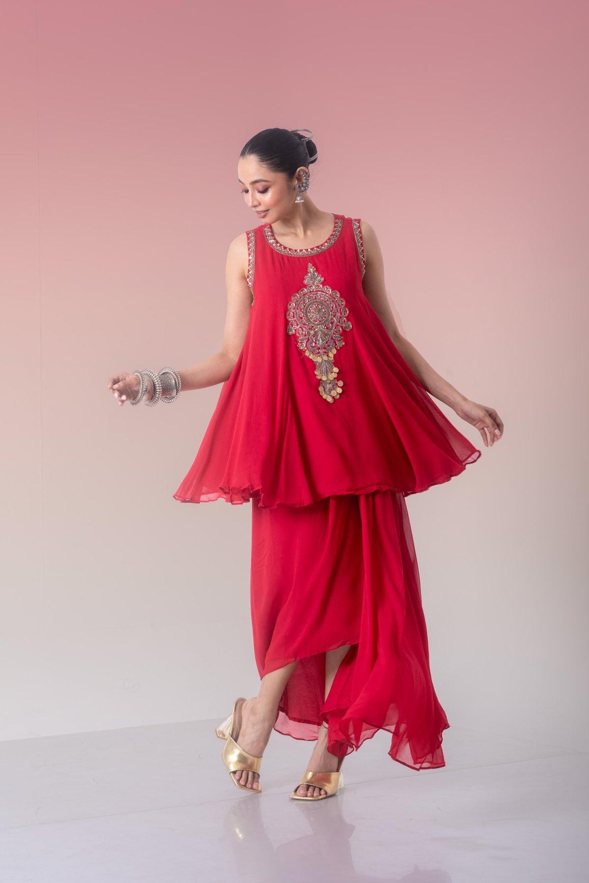Ruby Red Embellished Georgette Silk Skirt Set