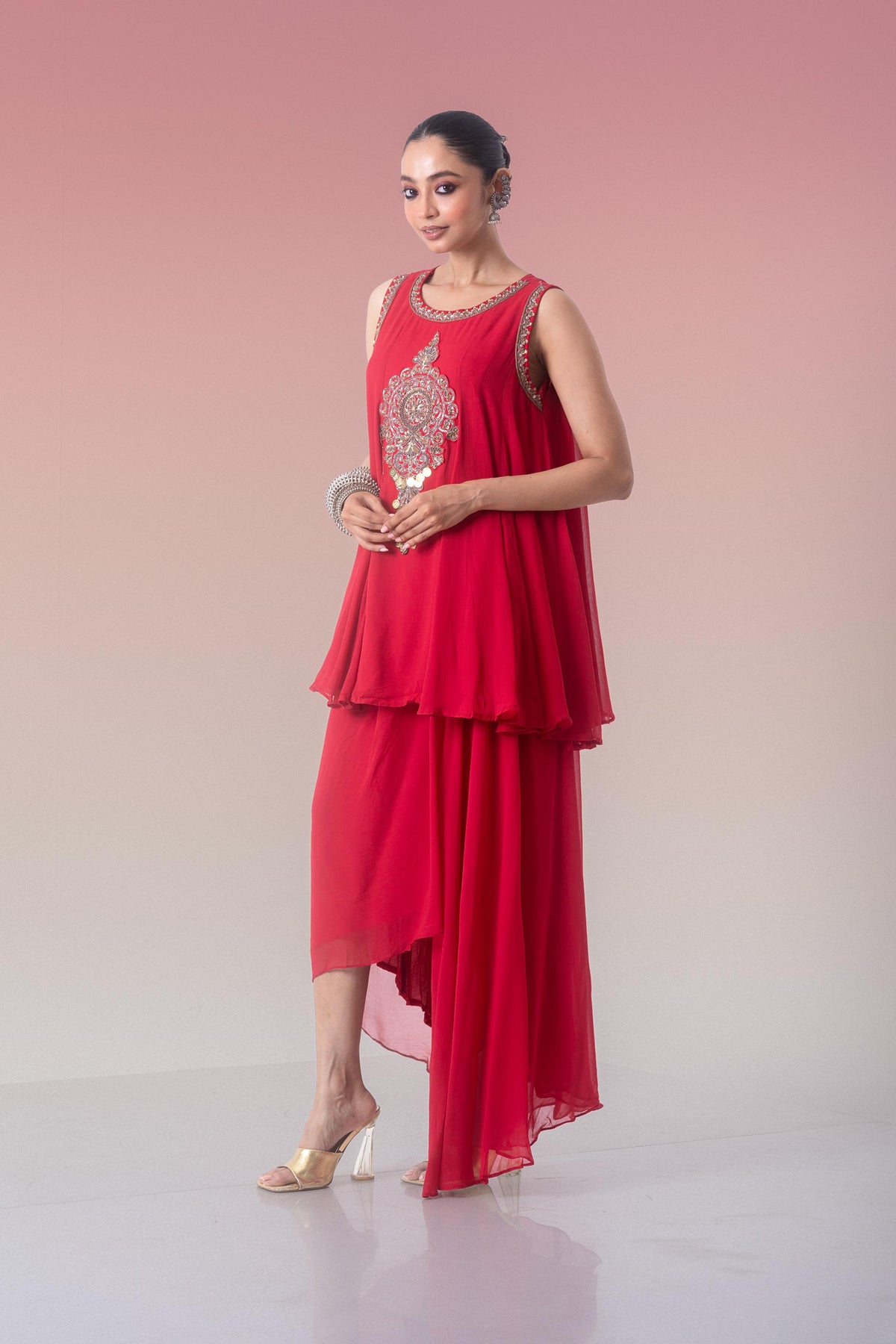 Ruby Red Embellished Georgette Silk Skirt Set