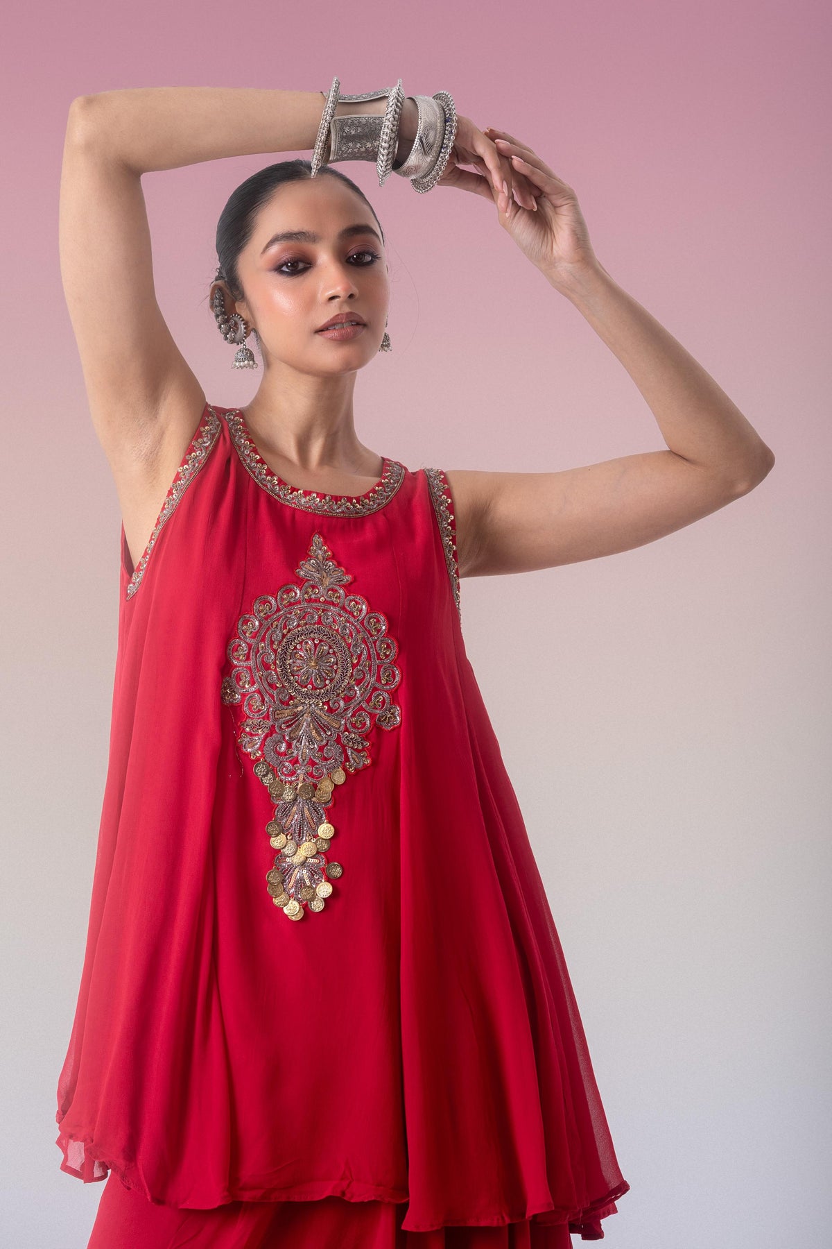 Ruby Red Embellished Georgette Silk Skirt Set