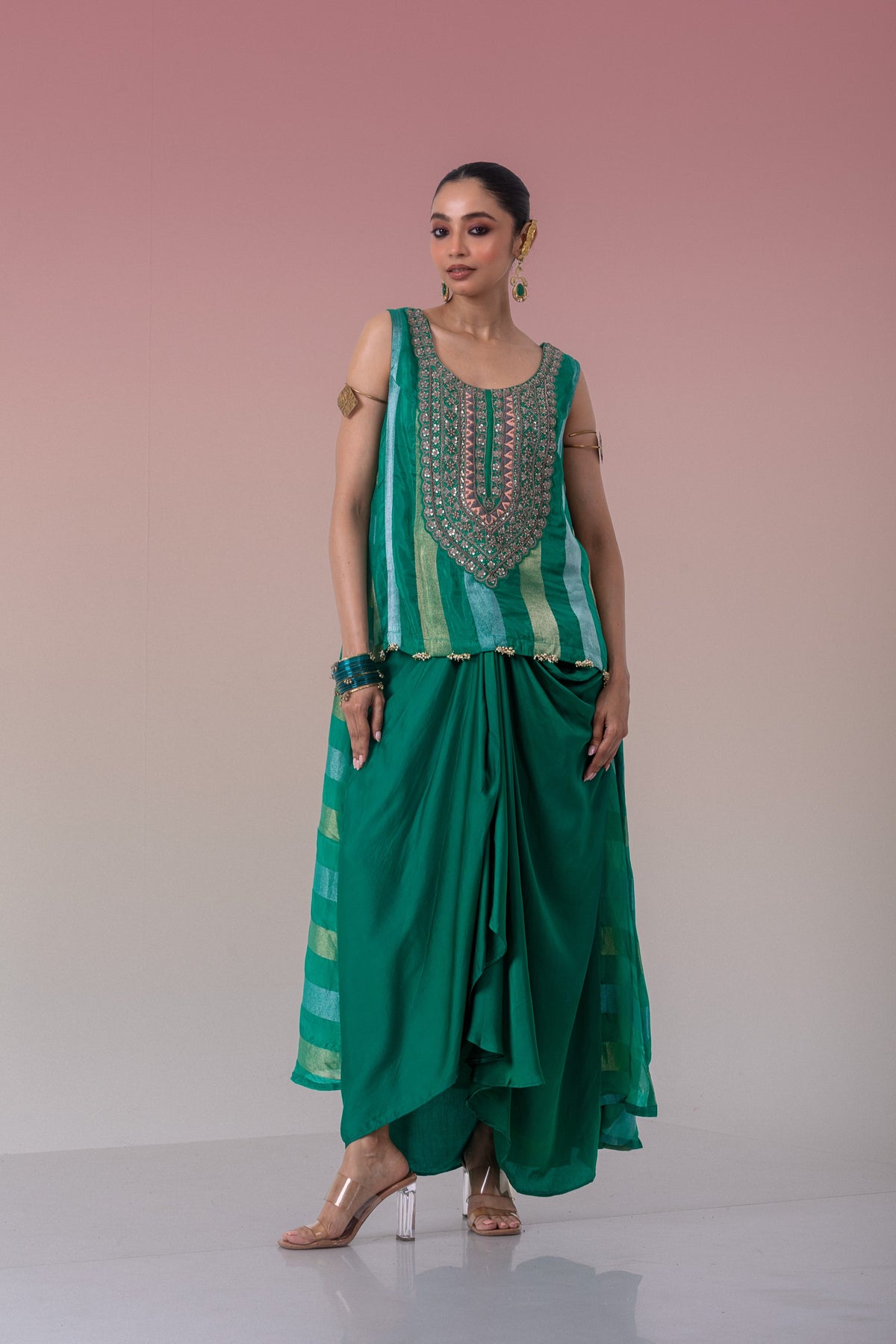 Dark Green Embellished Brocade Banarasi Silk Skirt Set