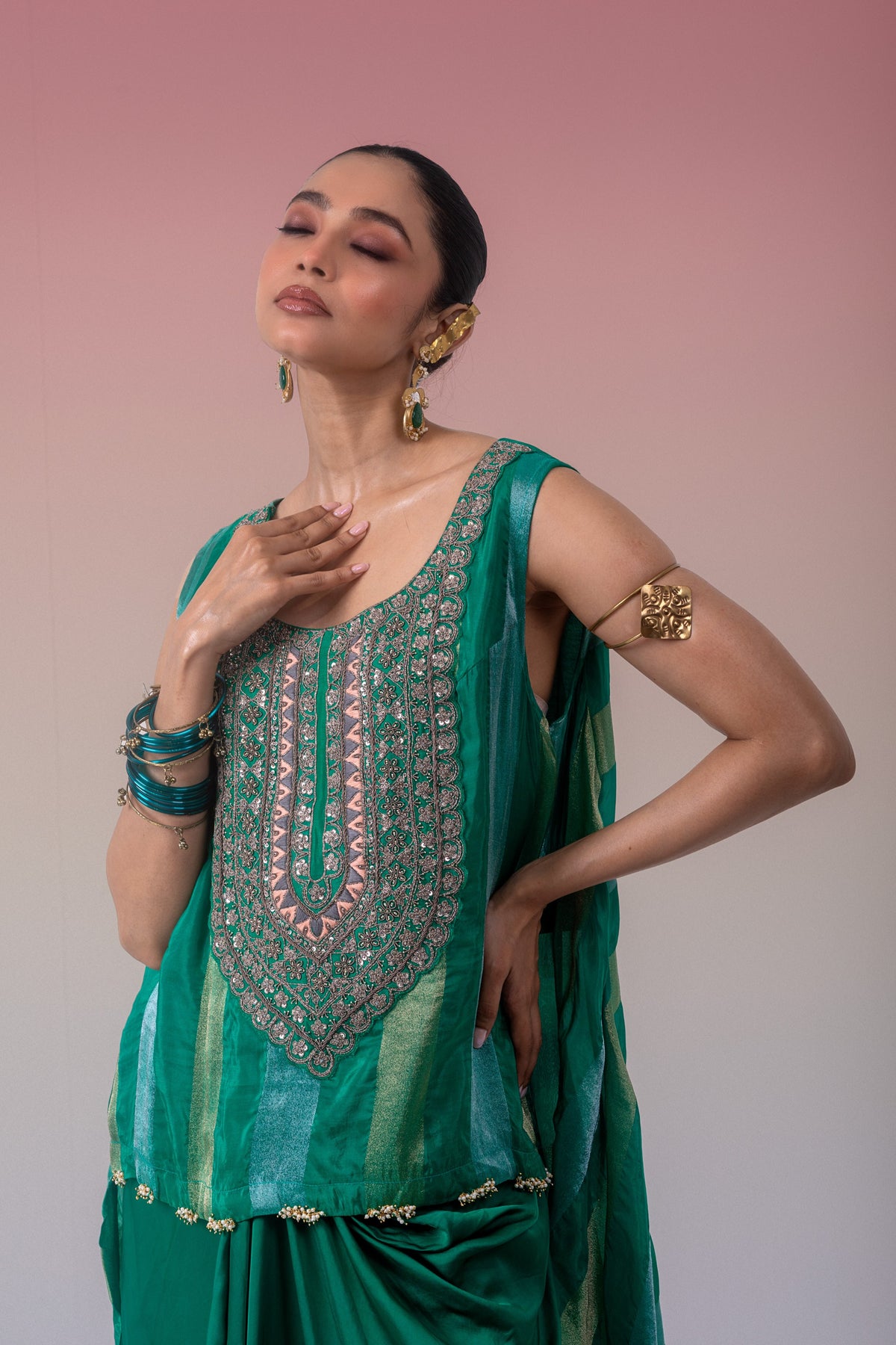Dark Green Embellished Brocade Banarasi Silk Skirt Set