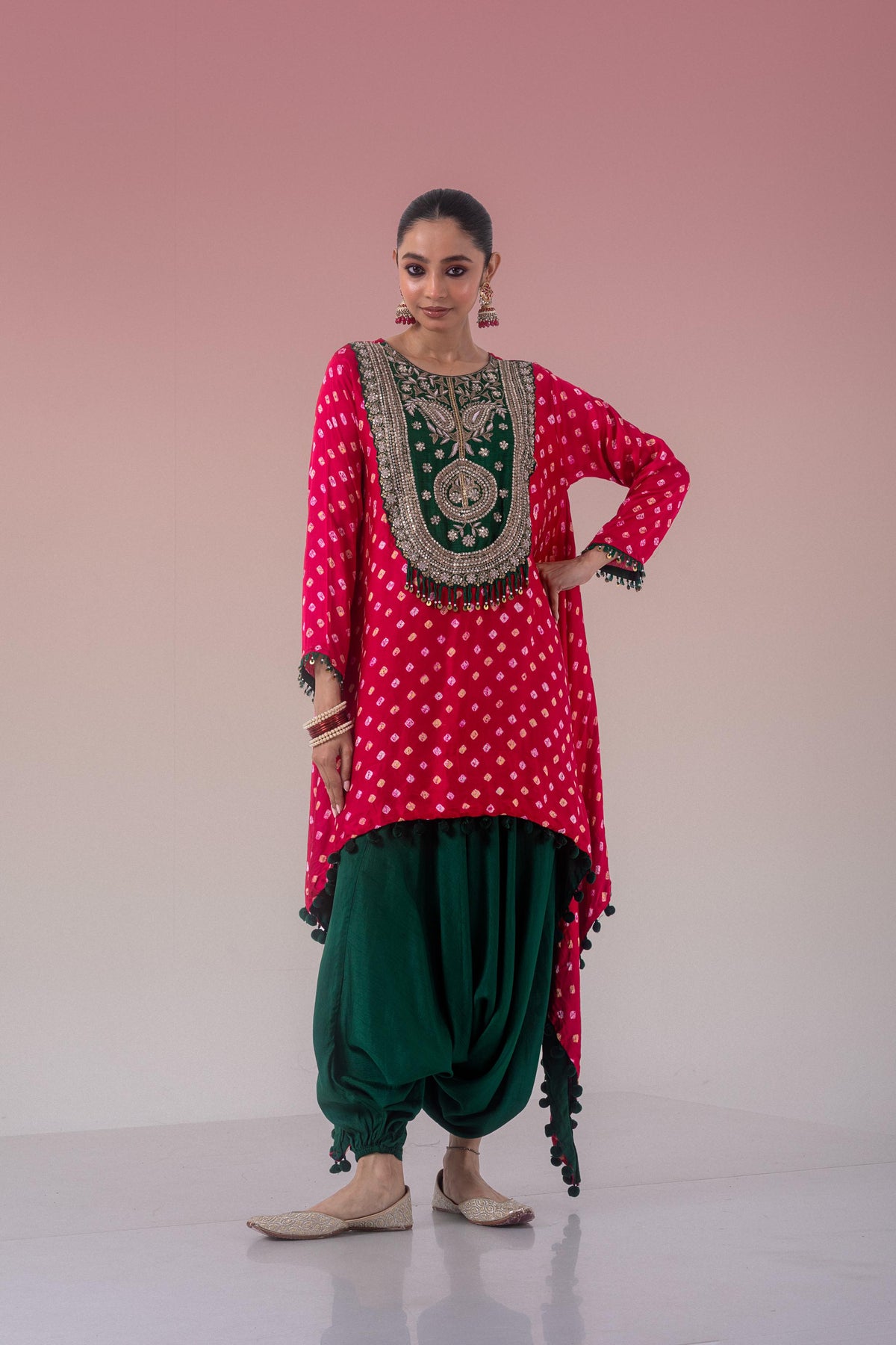 Fuchsia Pink Embellished Satin Silk Pant Set