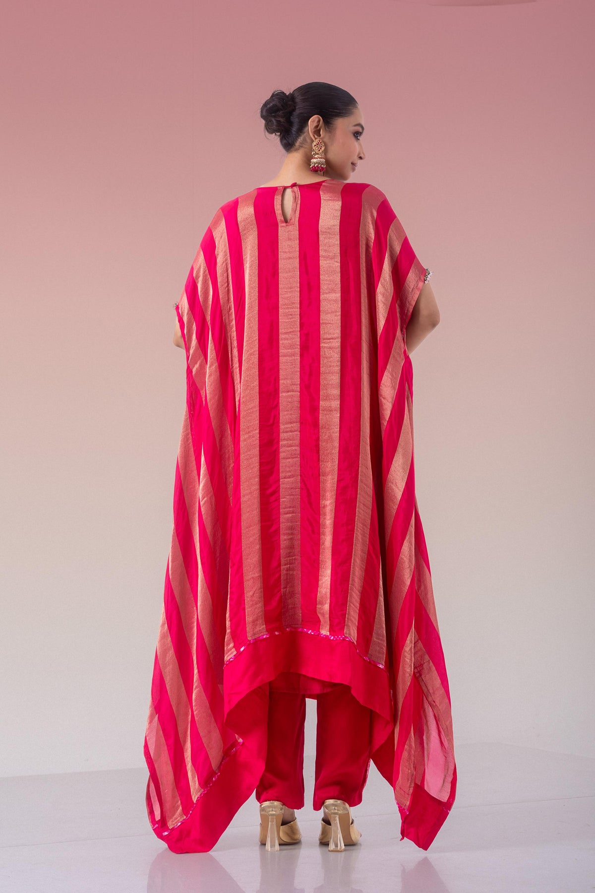 Rani Pink Embellished Brocade Silk Kaftan Set