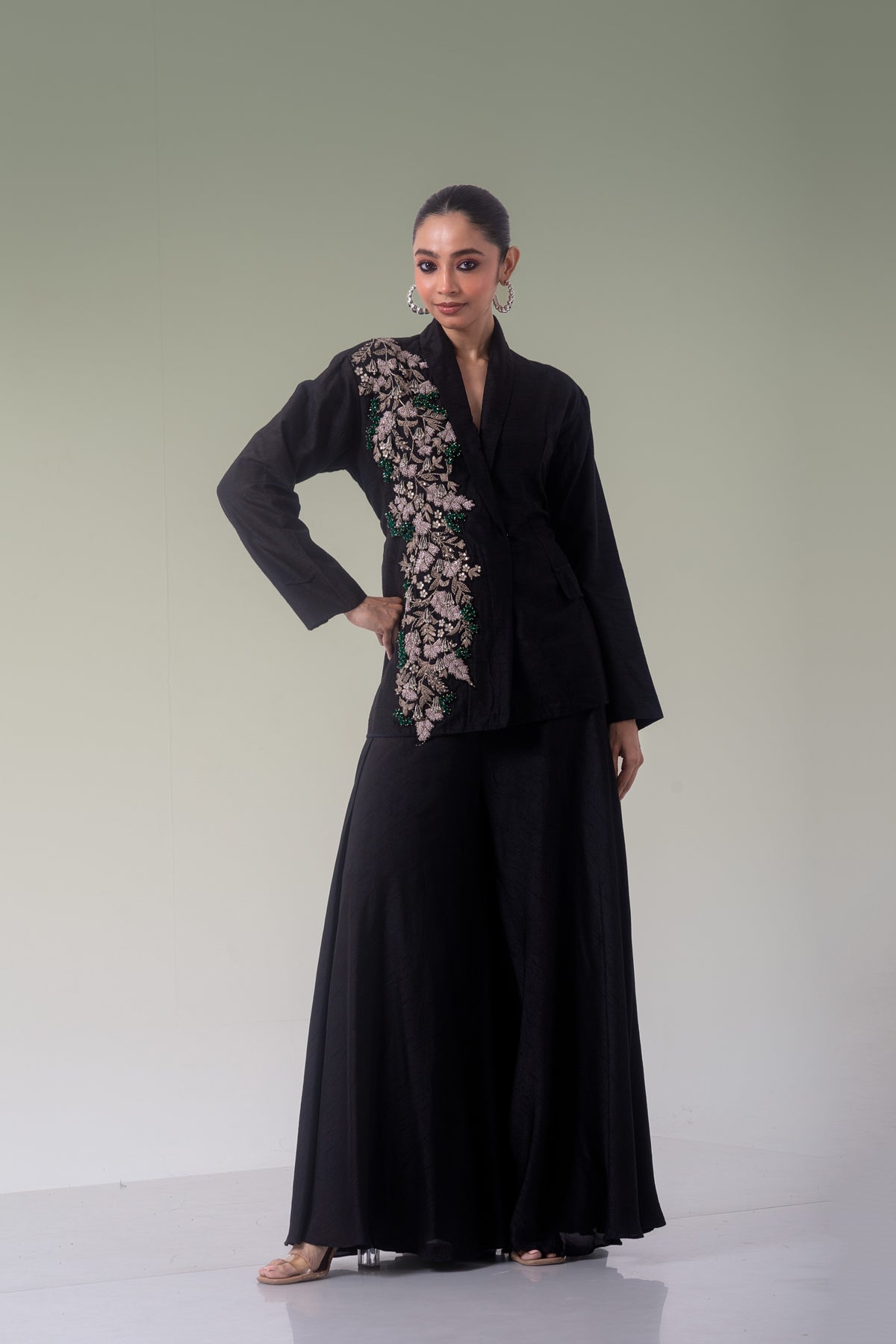 Midnight Black Embellished Raw Silk Co-Ord