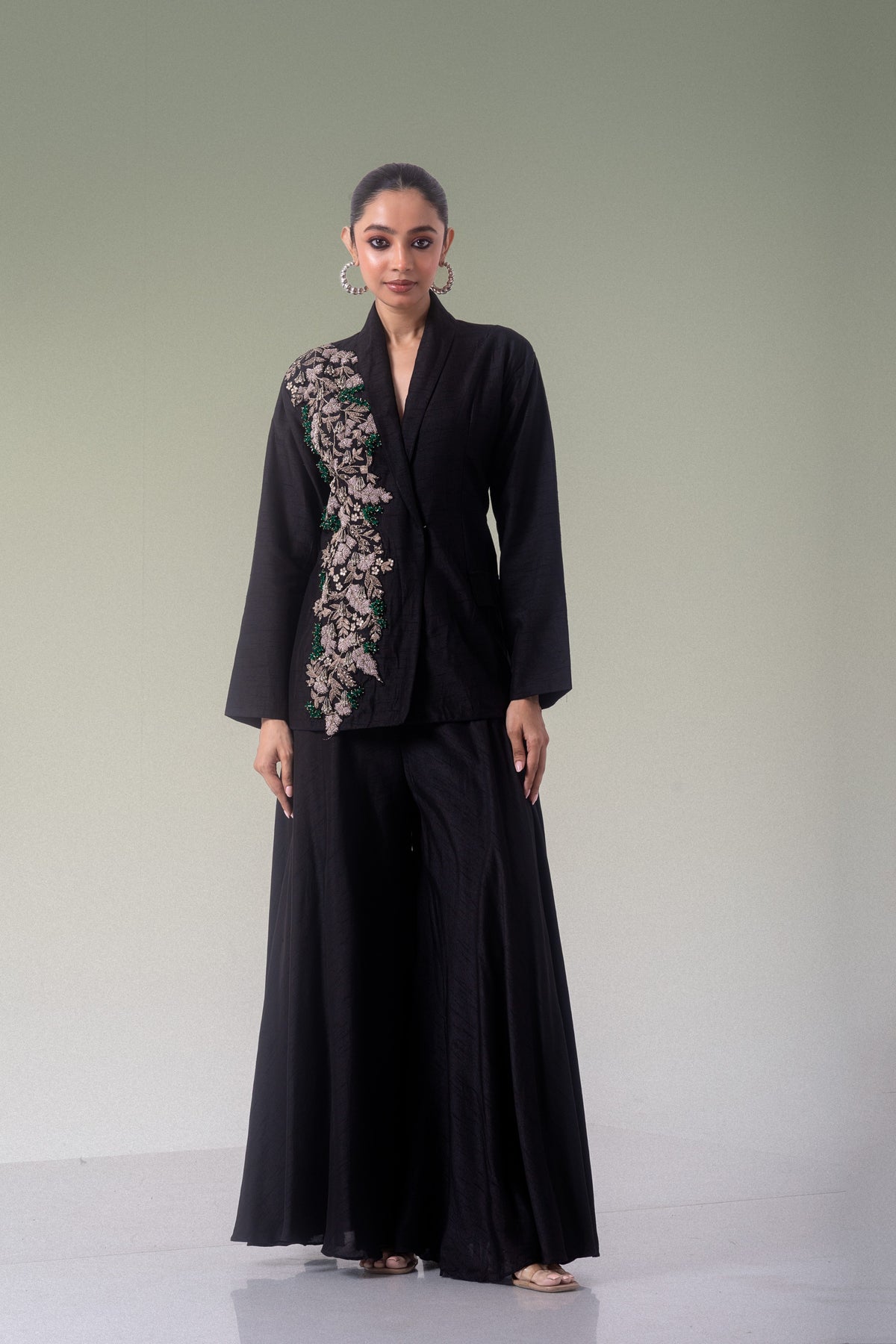 Midnight Black Embellished Raw Silk Co-Ord