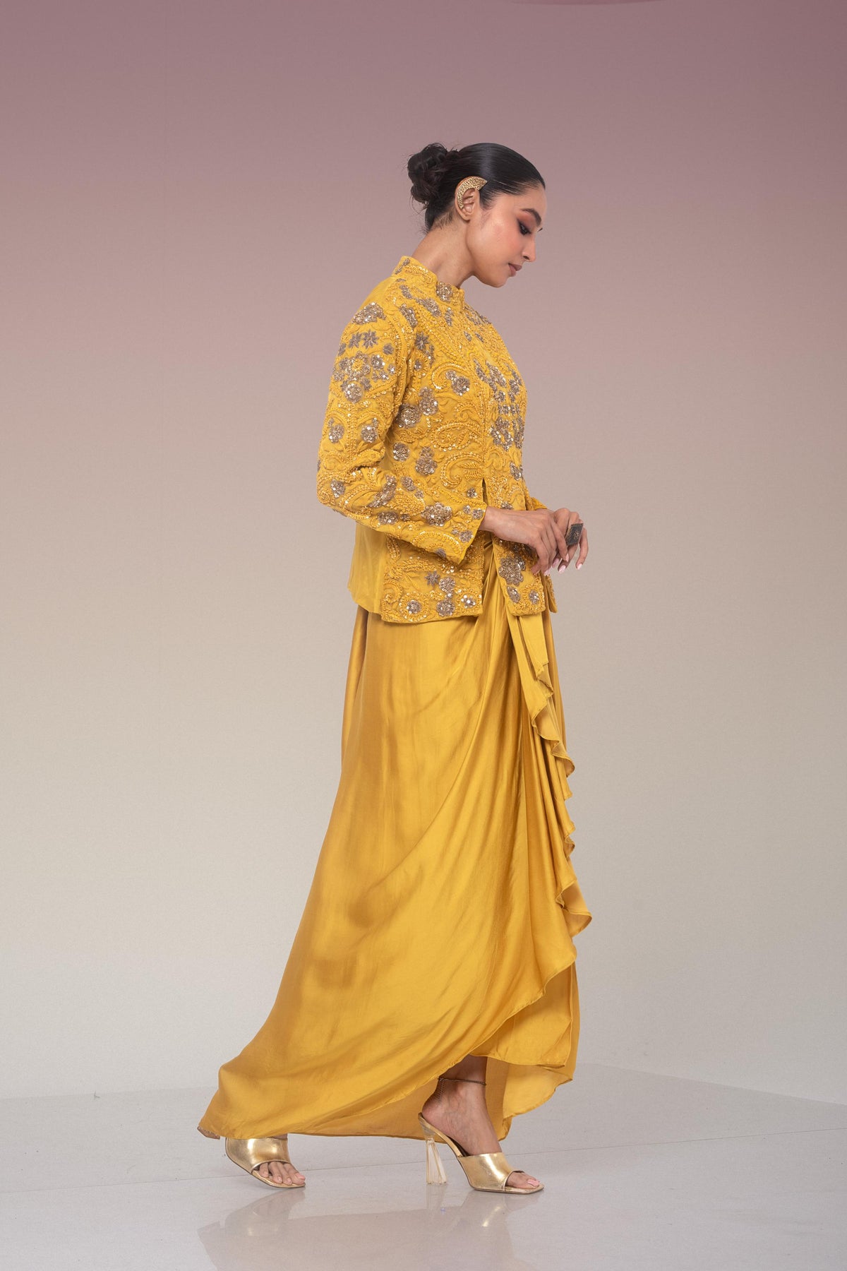 Mustard Gold Embellished Organza Silk Skirt Set