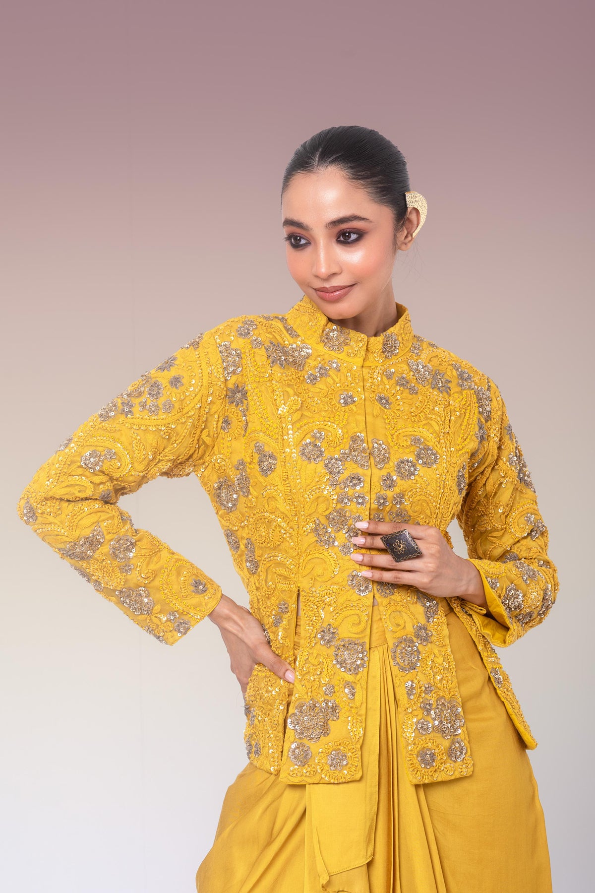 Mustard Gold Embellished Organza Silk Skirt Set