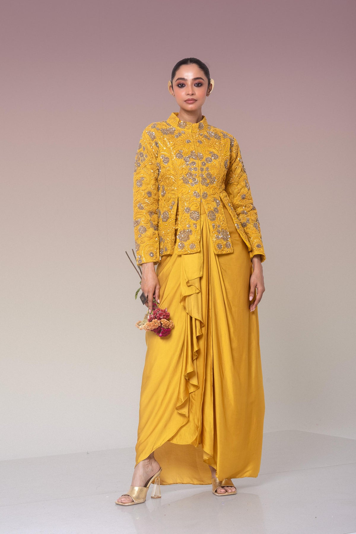Mustard Gold Embellished Organza Silk Skirt Set
