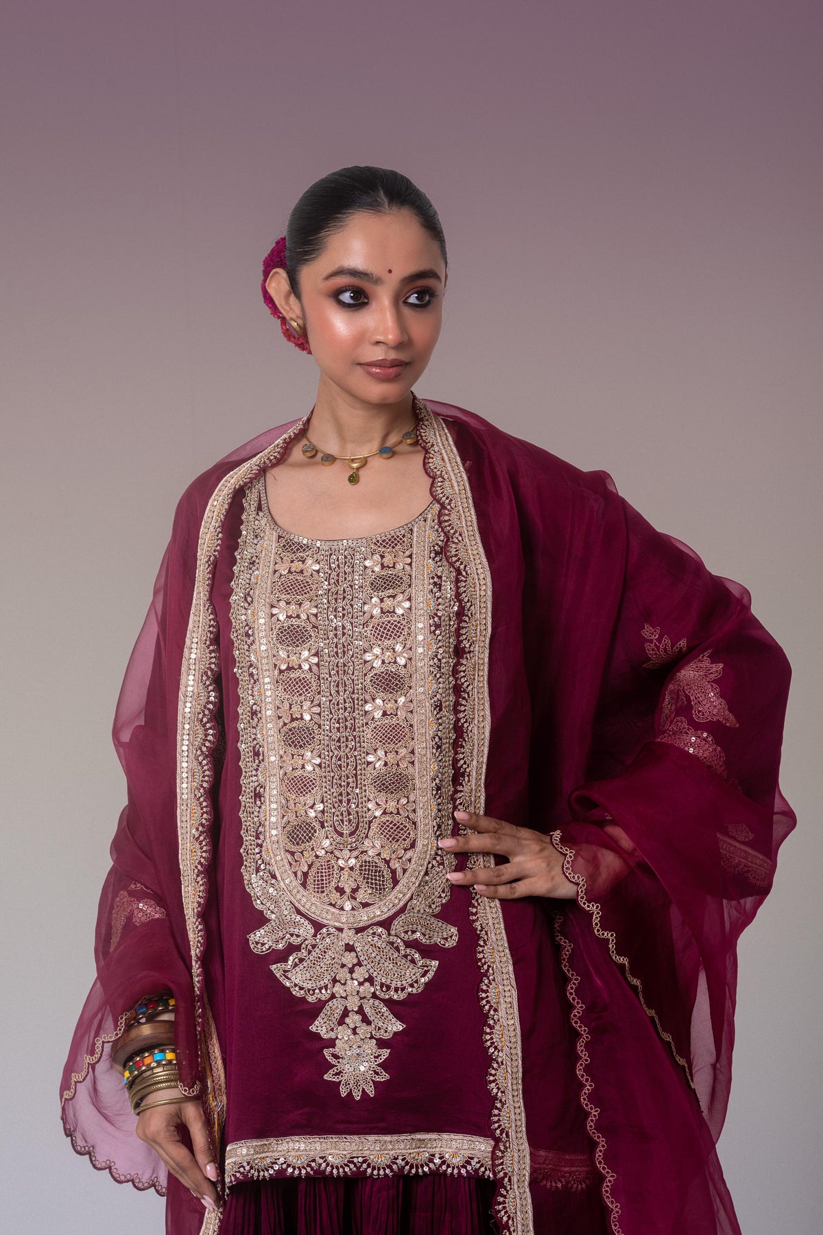 Deep Burgundy Embellished Organza Silk Skirt Set