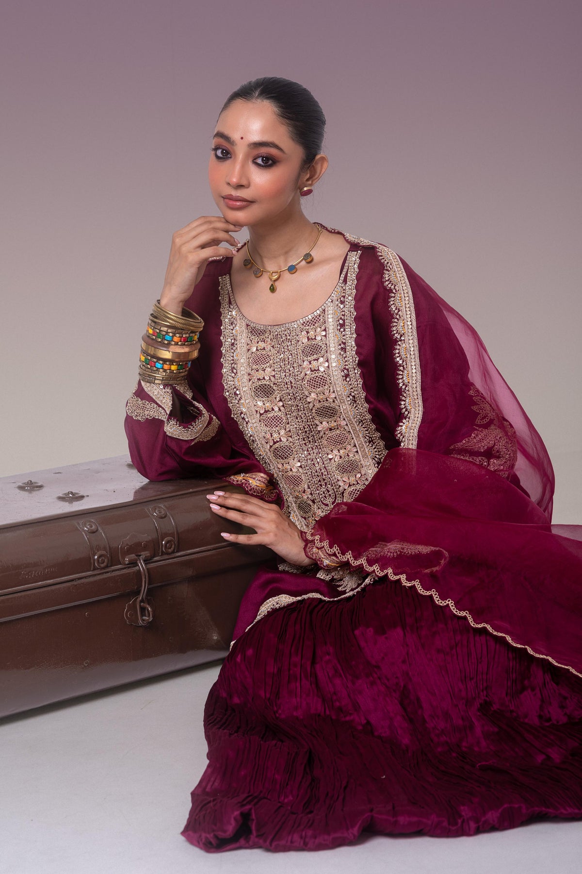 Deep Burgundy Embellished Organza Silk Skirt Set