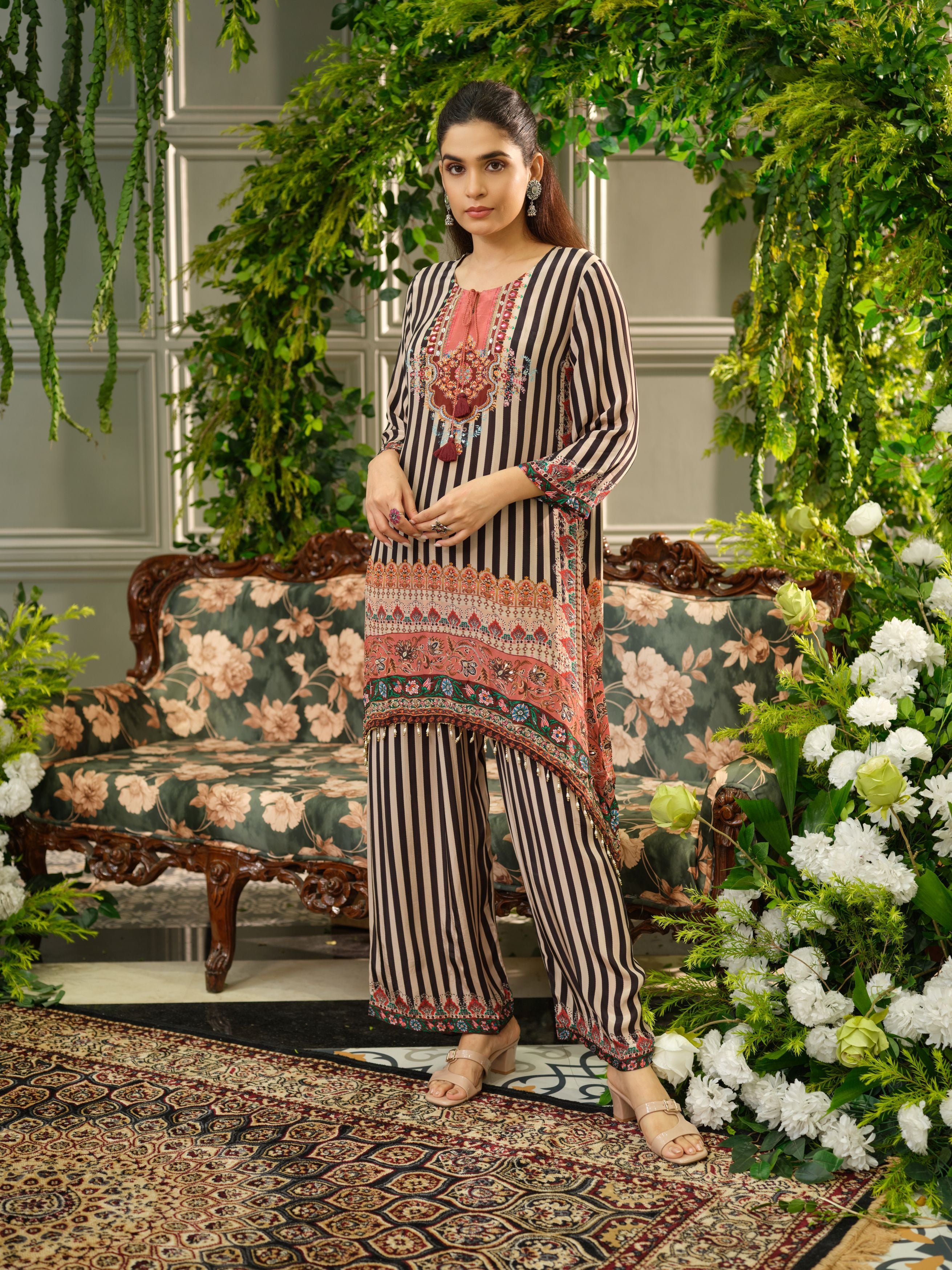 Black And White Stripes Printed Crepe Silk Co-Ord Set