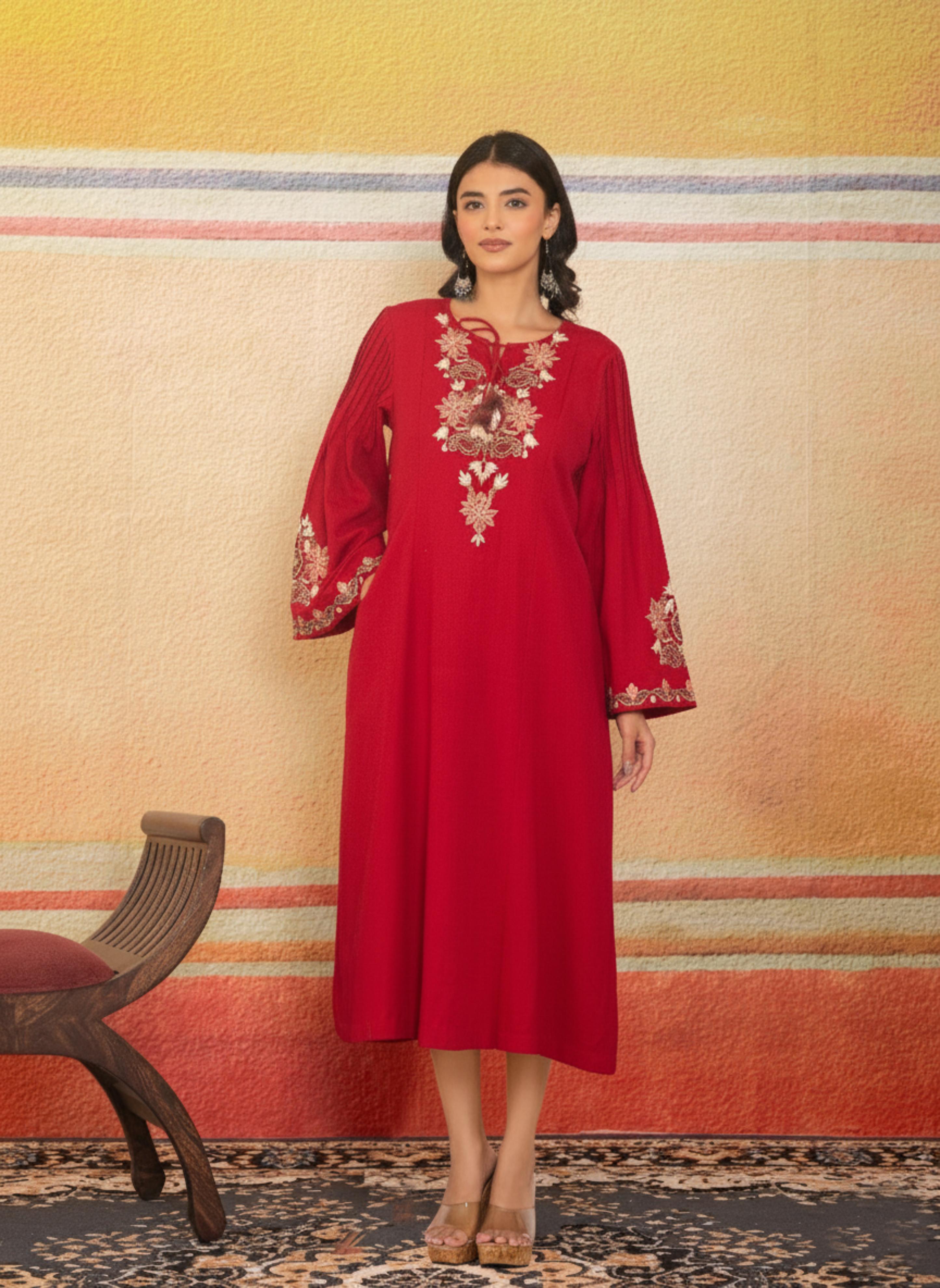 Imperial Red Embroidered Traditional Dress