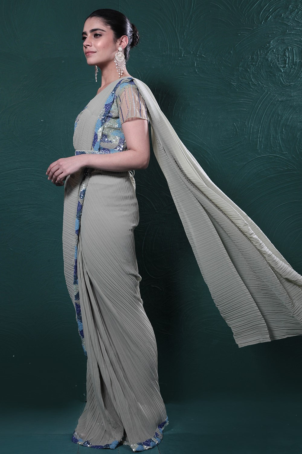 Pastel Green Embroidered Pleated Saree