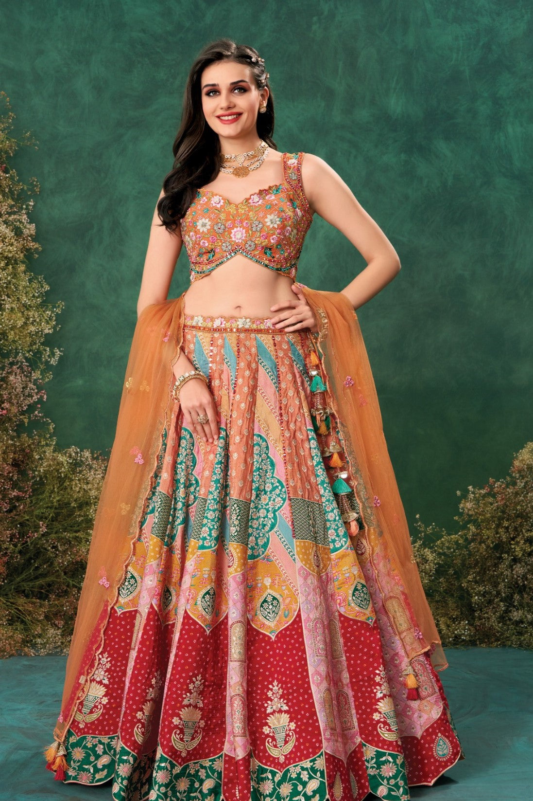Rust Multicolor Embroidered Lehenga Set