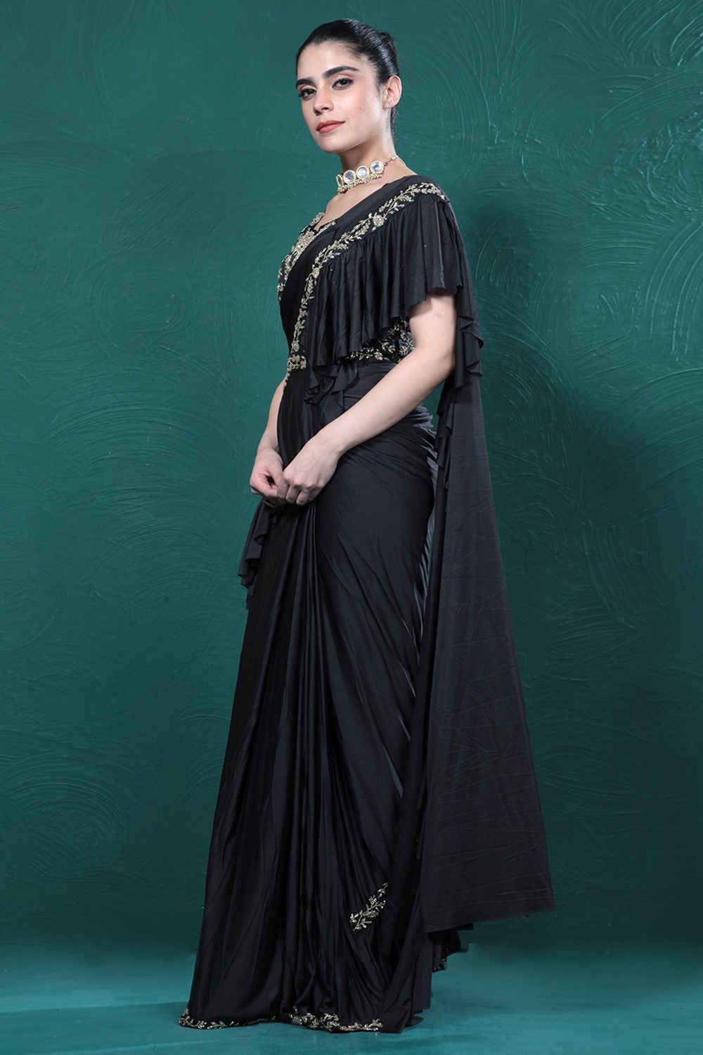 Black Embellished Spandex Saree