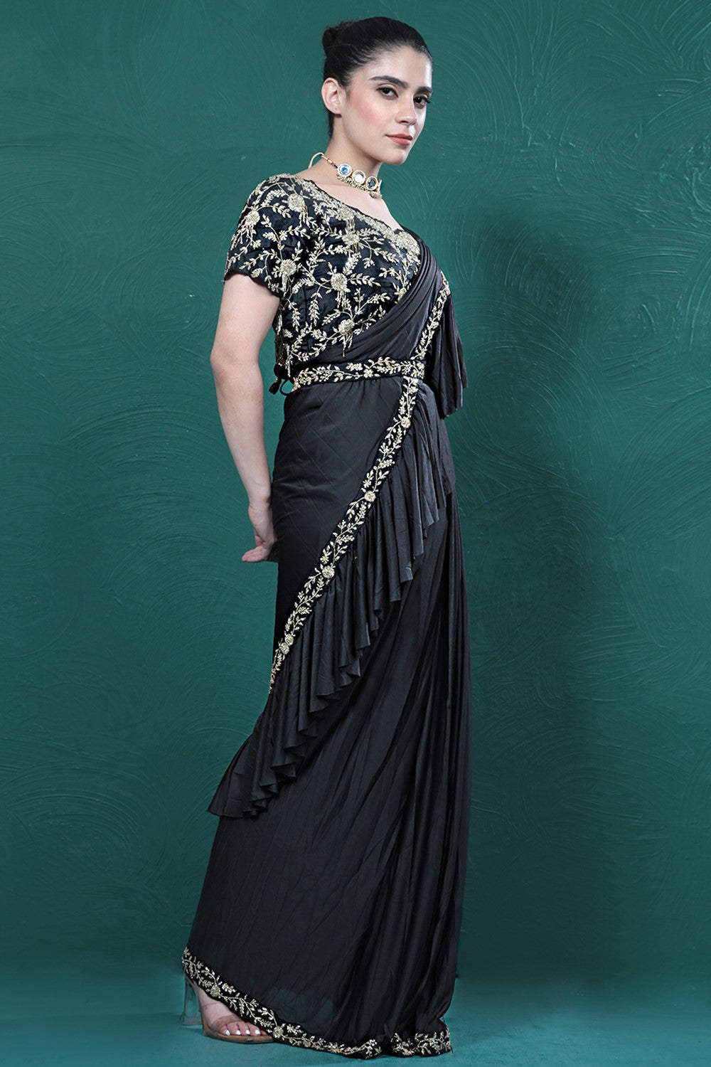 Black Embellished Spandex Saree