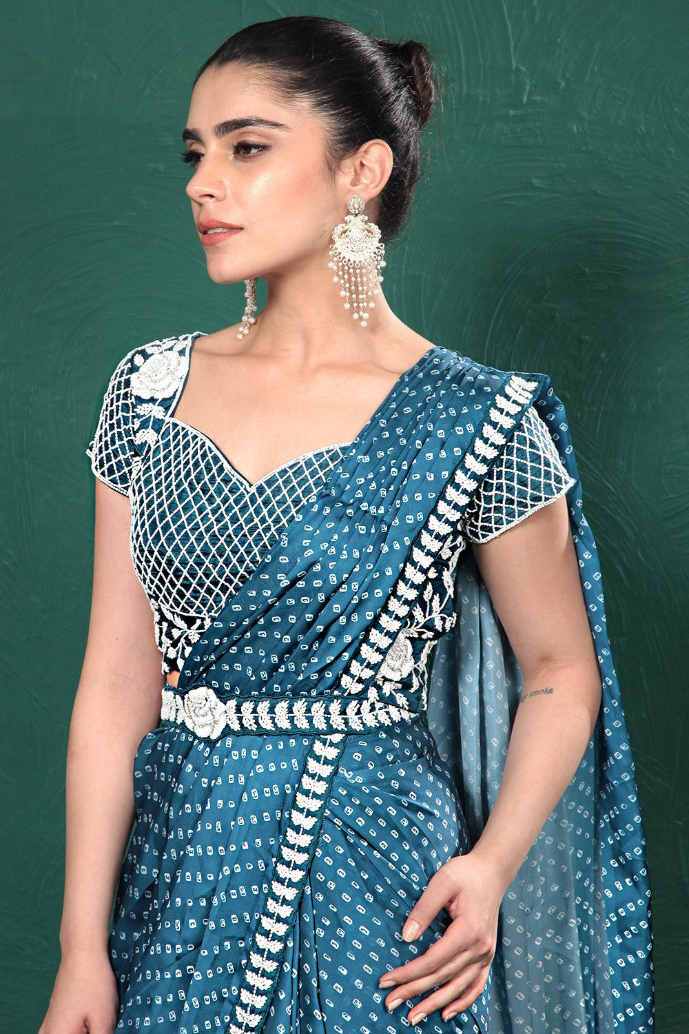 Teal Blue Bandhani Satin Silk Saree