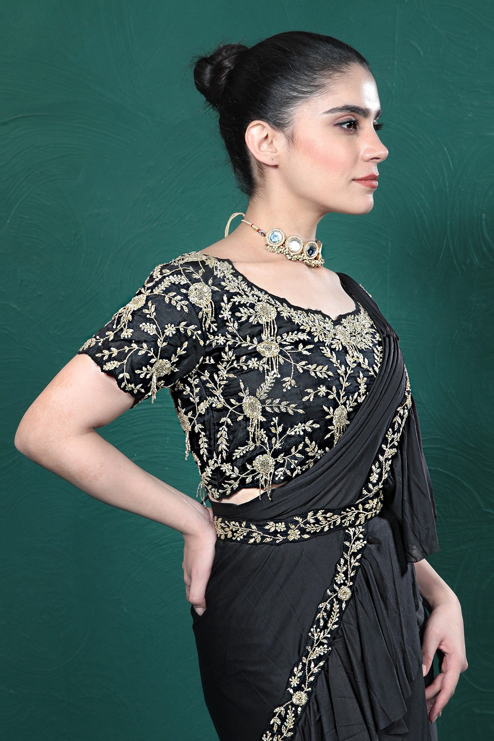 Black Embellished Spandex Saree