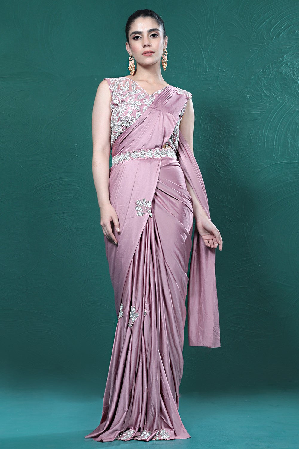 Light Pink Embellished Spandex Saree